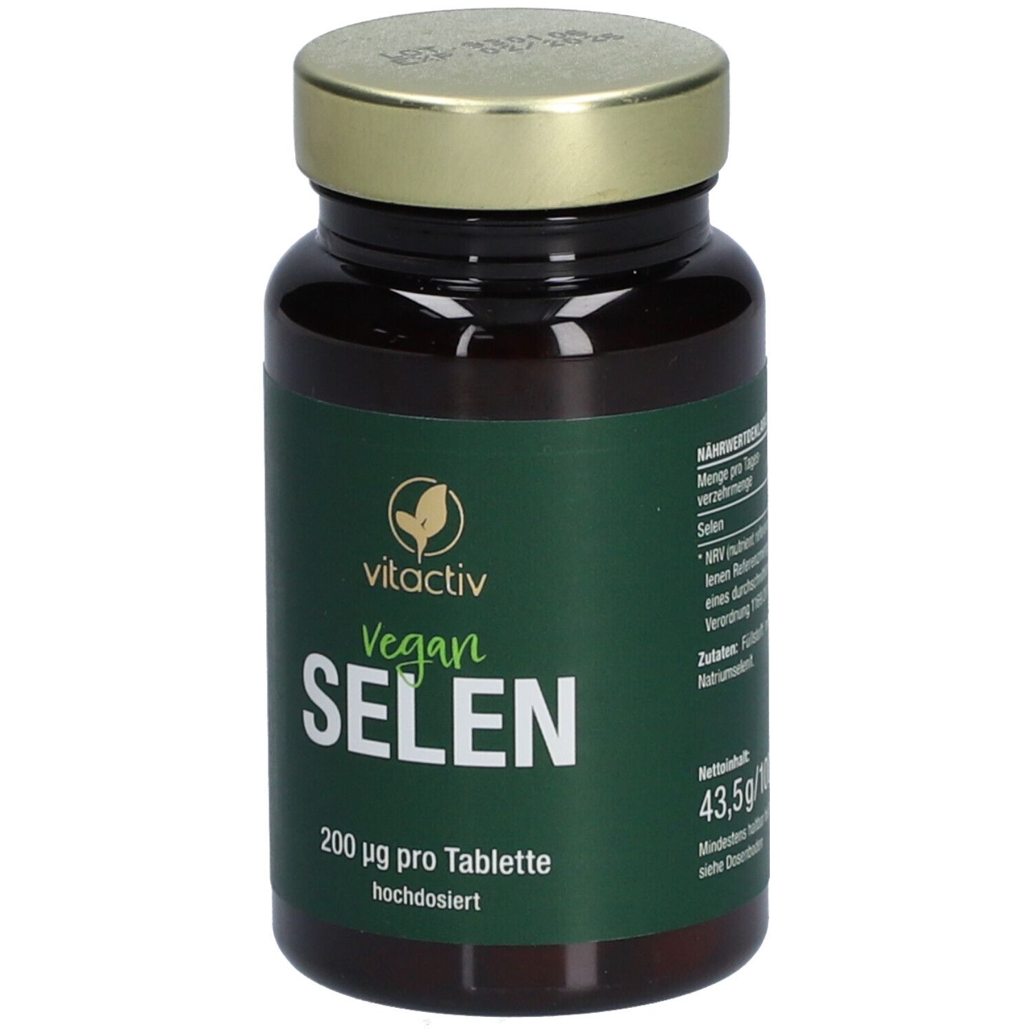 Braune Glasflasche mit goldfarbenem Deckel. Etikett mit "vitactiv Vegan SELEN 200 µg".