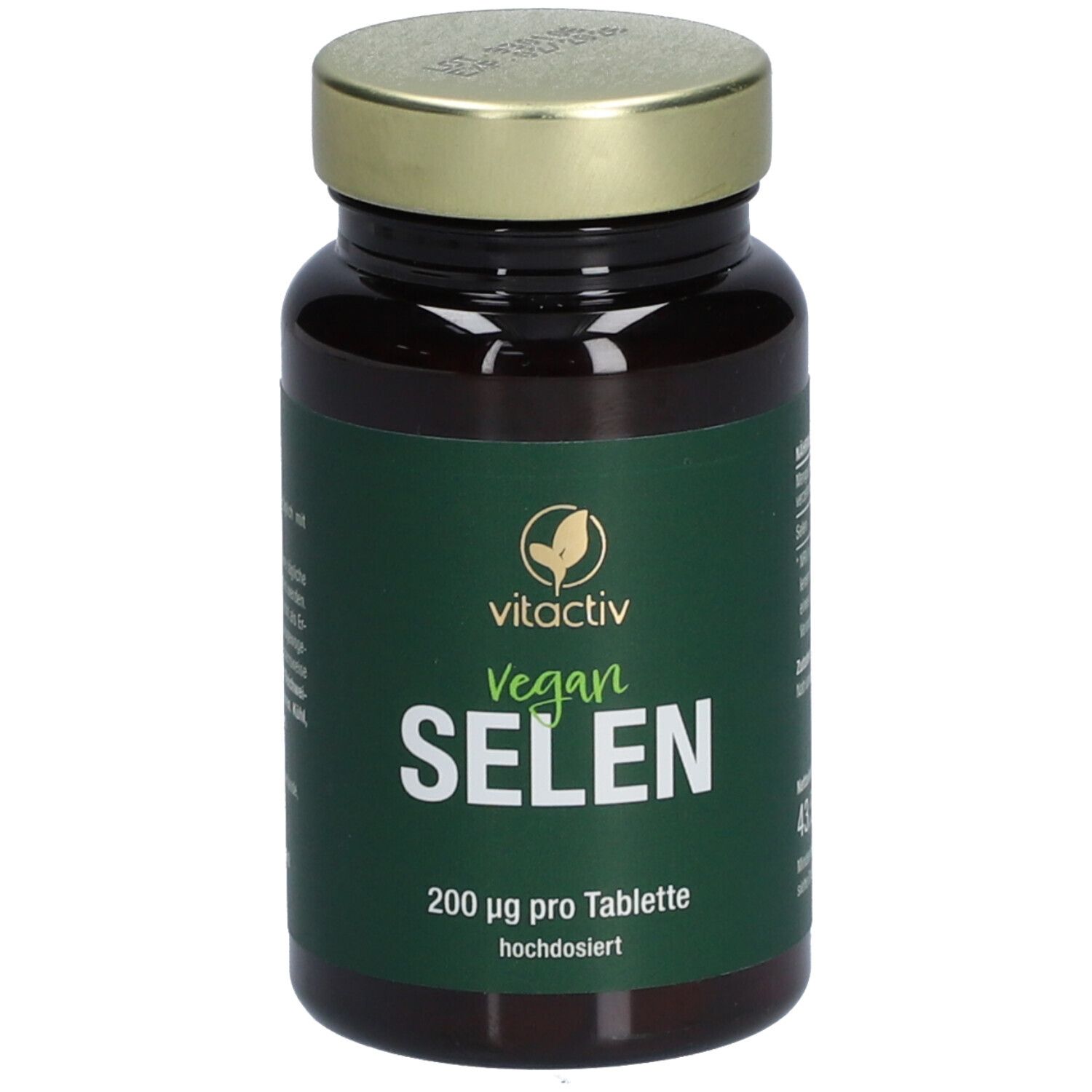 Braune Glasflasche mit goldfarbenem Deckel. Etikett mit "vitactiv Vegan SELEN 200 µg".