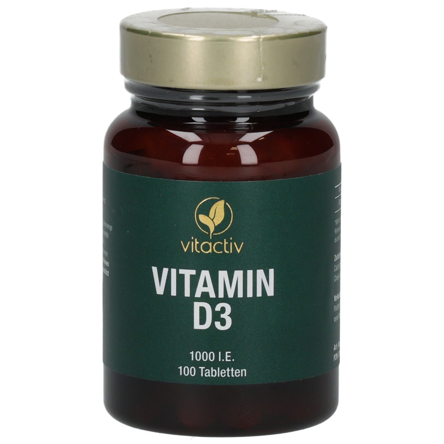 Weiße Flasche mit silbernem Deckel. Aufschrift: Vitamin D3, 800 IU. Gelbes Etikett.