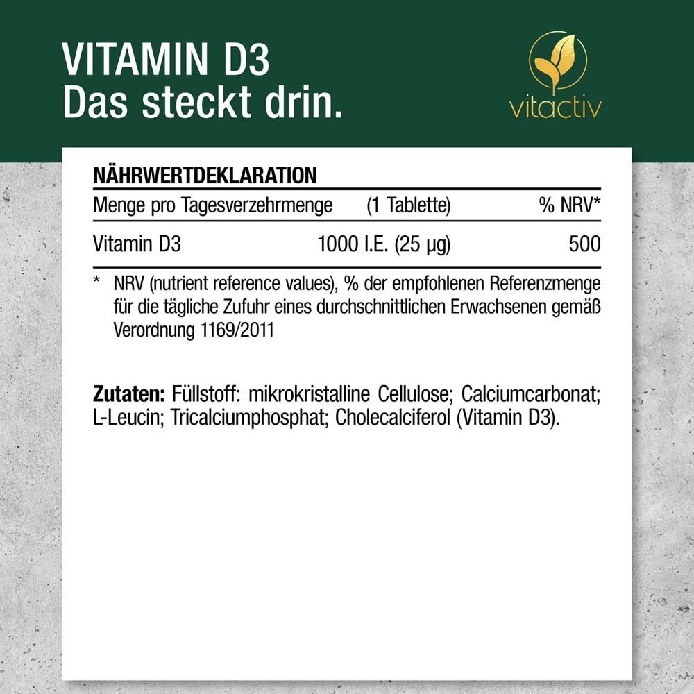 Nährwertdeklaration für Vitamin D3 Tabletten. Enthält Informationen zu Inhaltsstoffen und Nährwerten.