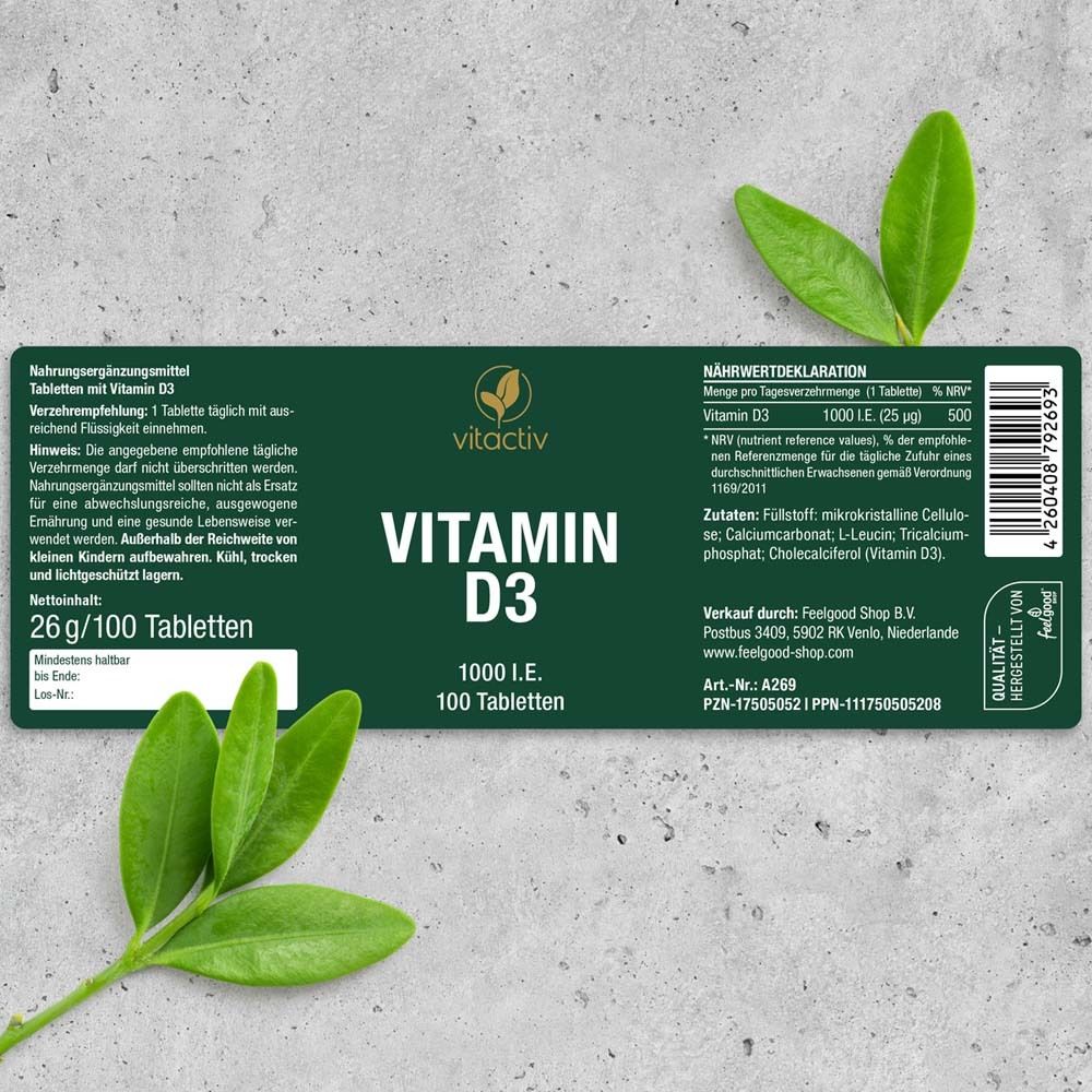 Etikett mit Vitamin D3 Tabletten. Enthält Informationen zu Inhaltsstoffen und Nährwerten.