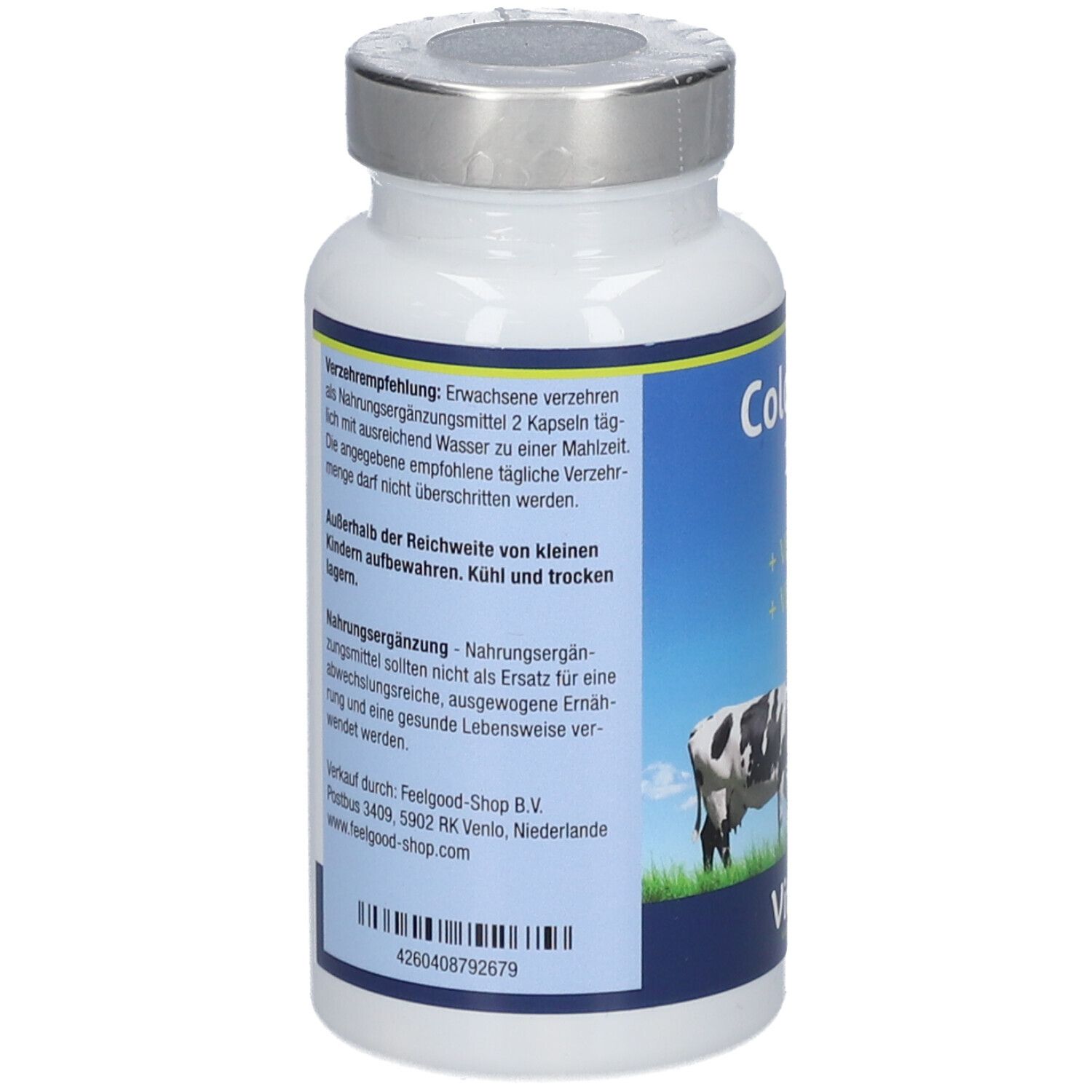 Weiße Flasche mit silbernem Deckel. Rückseite mit Text. Enthält Informationen zu Inhaltsstoffen und Verzehrempfehlung.