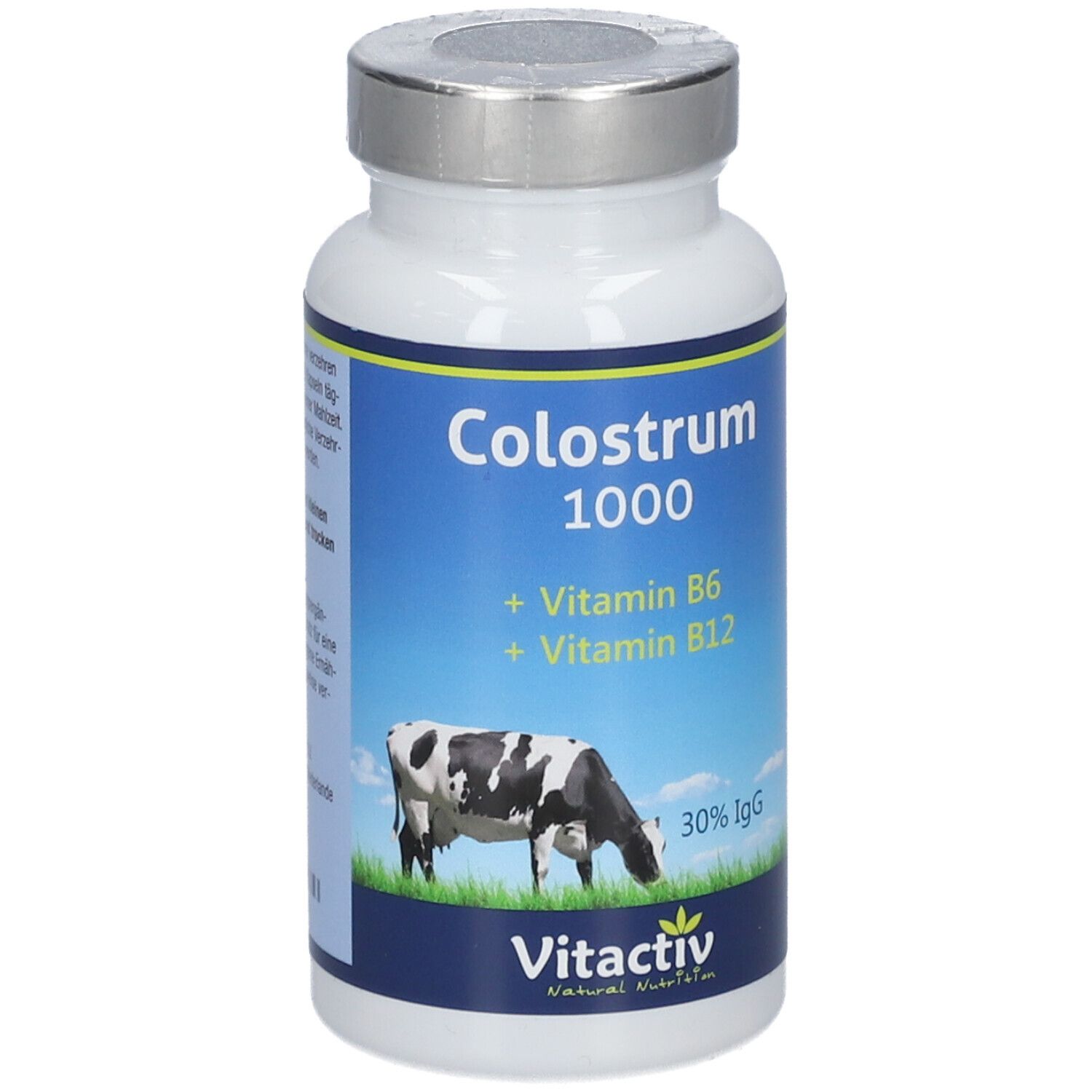 Weiße Flasche mit silbernem Deckel. Rückseite mit Text. Enthält Informationen zu Inhaltsstoffen und Verzehrempfehlung.