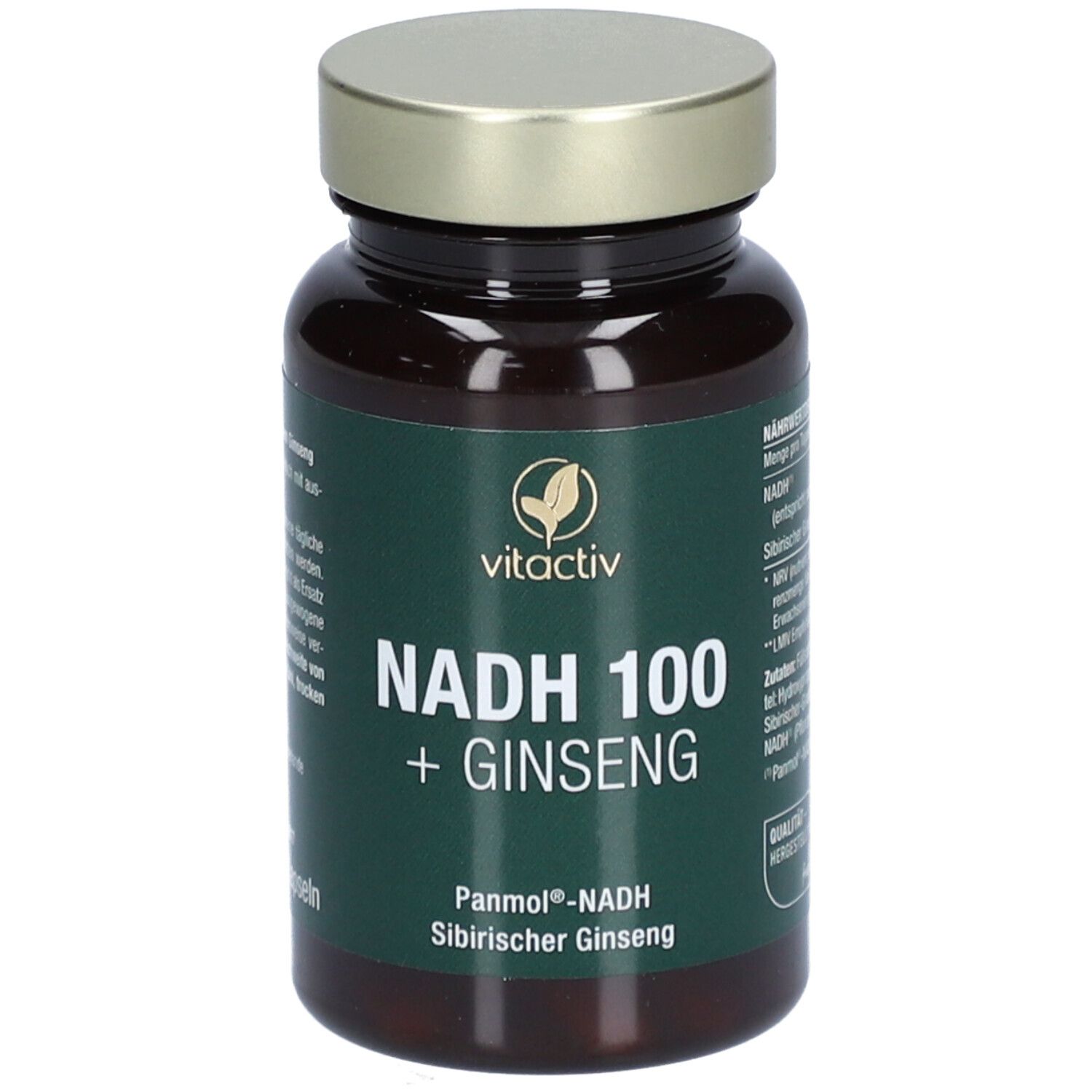 Braune Glasflasche mit grünem Etikett. Aufschrift: NADH 100 + Ginseng. Marke: Vitactiv.