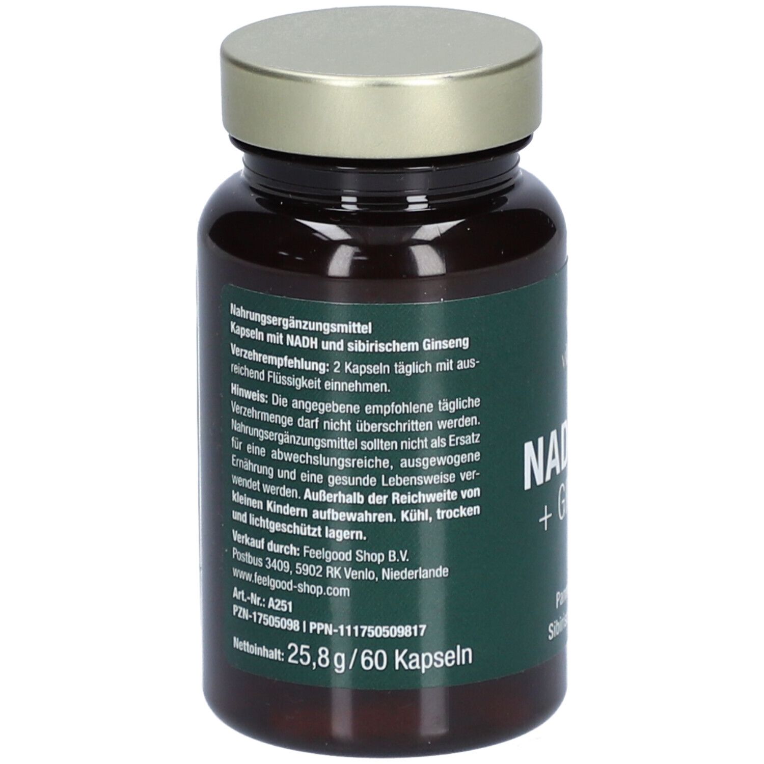 Braune Glasflasche mit grünem Etikett. Aufschrift: NADH 100 + Ginseng. Marke: Vitactiv.