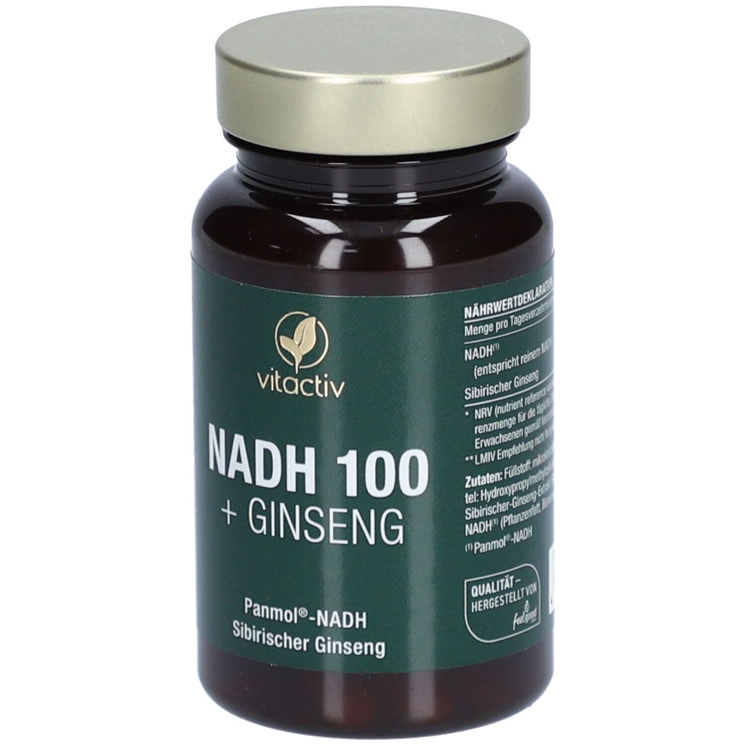 Braune Glasflasche mit grünem Etikett. Aufschrift: NADH 100 + Ginseng. Marke: Vitactiv.