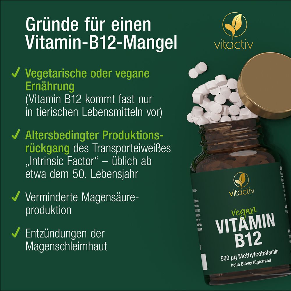 Grüne Grafik mit Text und Tabletten. Text: Gründe für einen Vitamin-B12-Mangel.