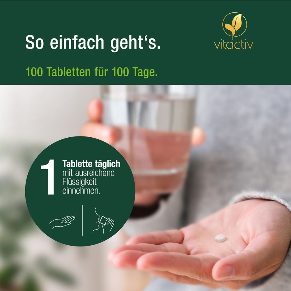 Hand mit Tablette und Glas Wasser. Text: So einfach geht's. 1 Tablette täglich.