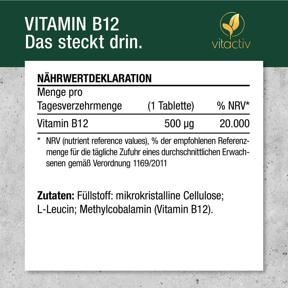 Nährwertdeklaration. Text: Vitamin B12, 500 µg, 20.000 % NRV. Zutaten: Methylcobalamin.