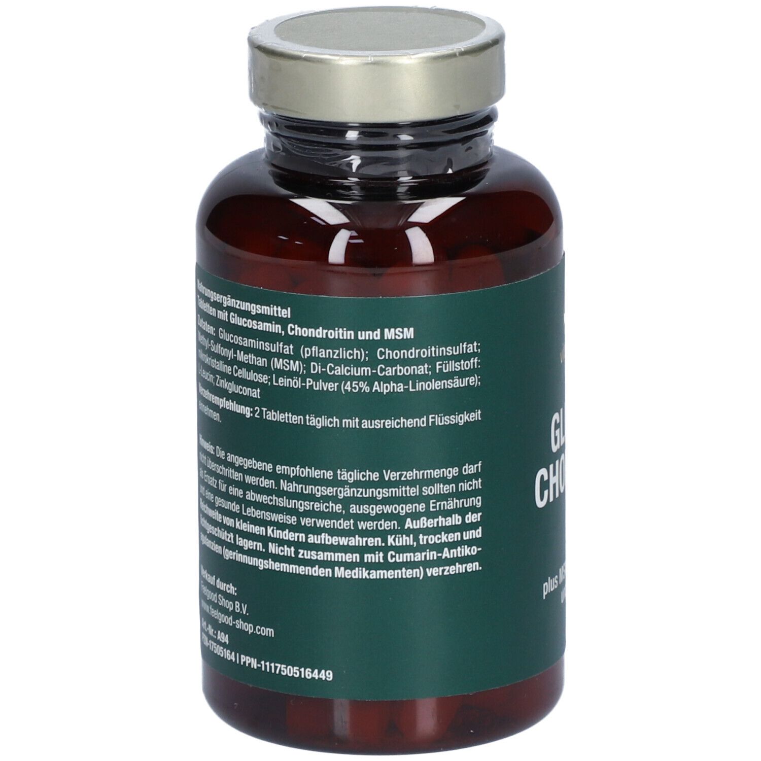 Braune Flasche mit Kapseln. Rückseite mit Inhaltsstoffen und Verzehrempfehlung. Grünes Etikett.