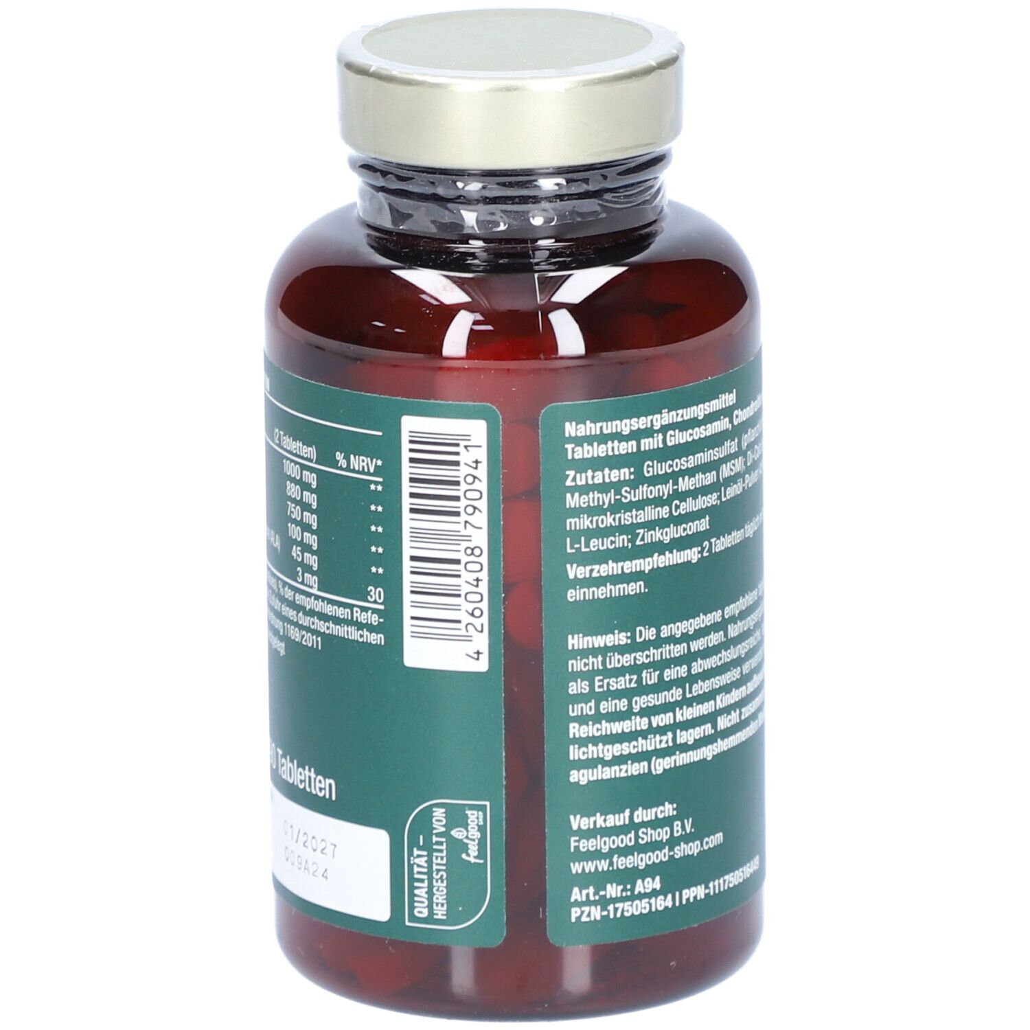 Braune Flasche mit Kapseln. Aufkleber mit Nährwertangaben und Verzehrempfehlung. Grünes Etikett.