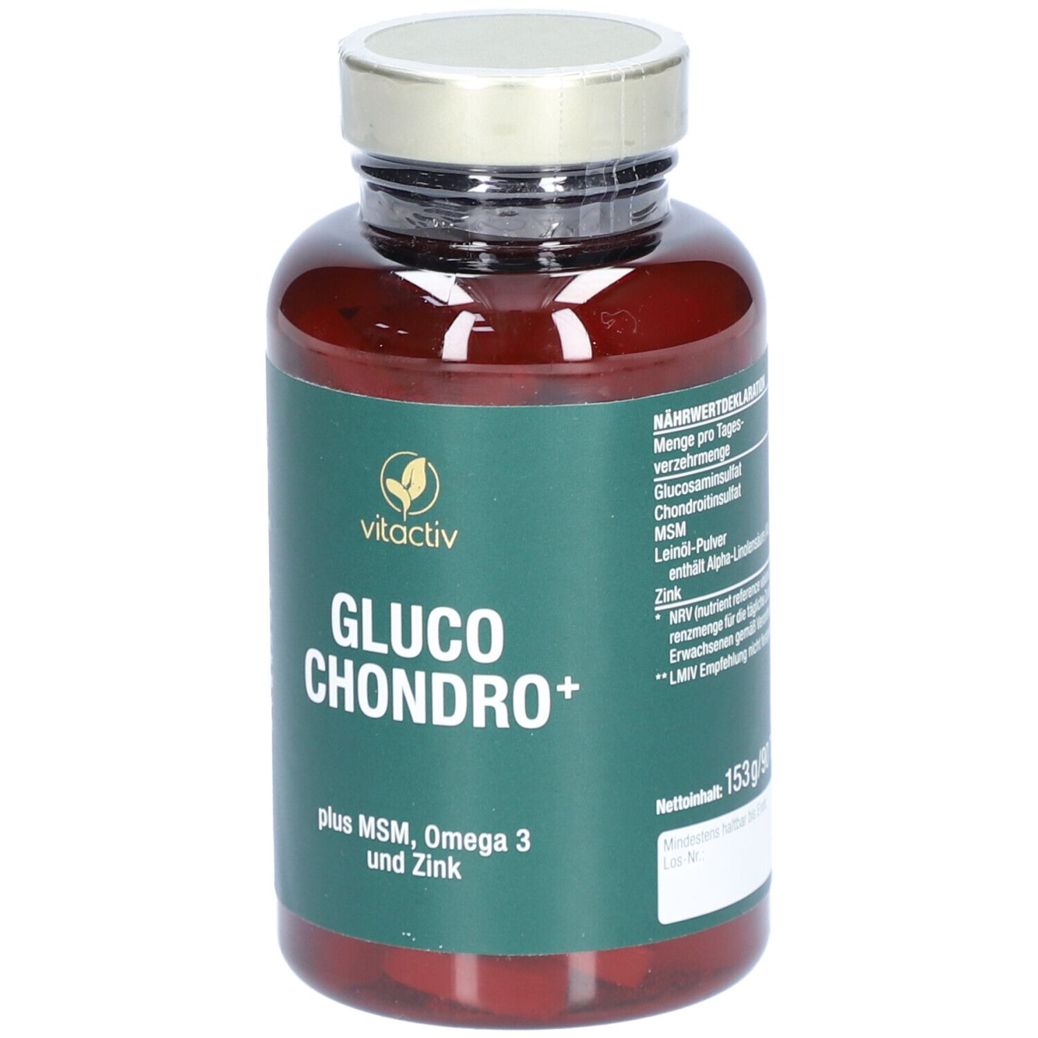 Braune Flasche mit Kapseln. Aufschrift: Gluco Chondro+. Logo Vitactiv. Enthält MSM, Omega 3 und Zink. Grünes Etikett.