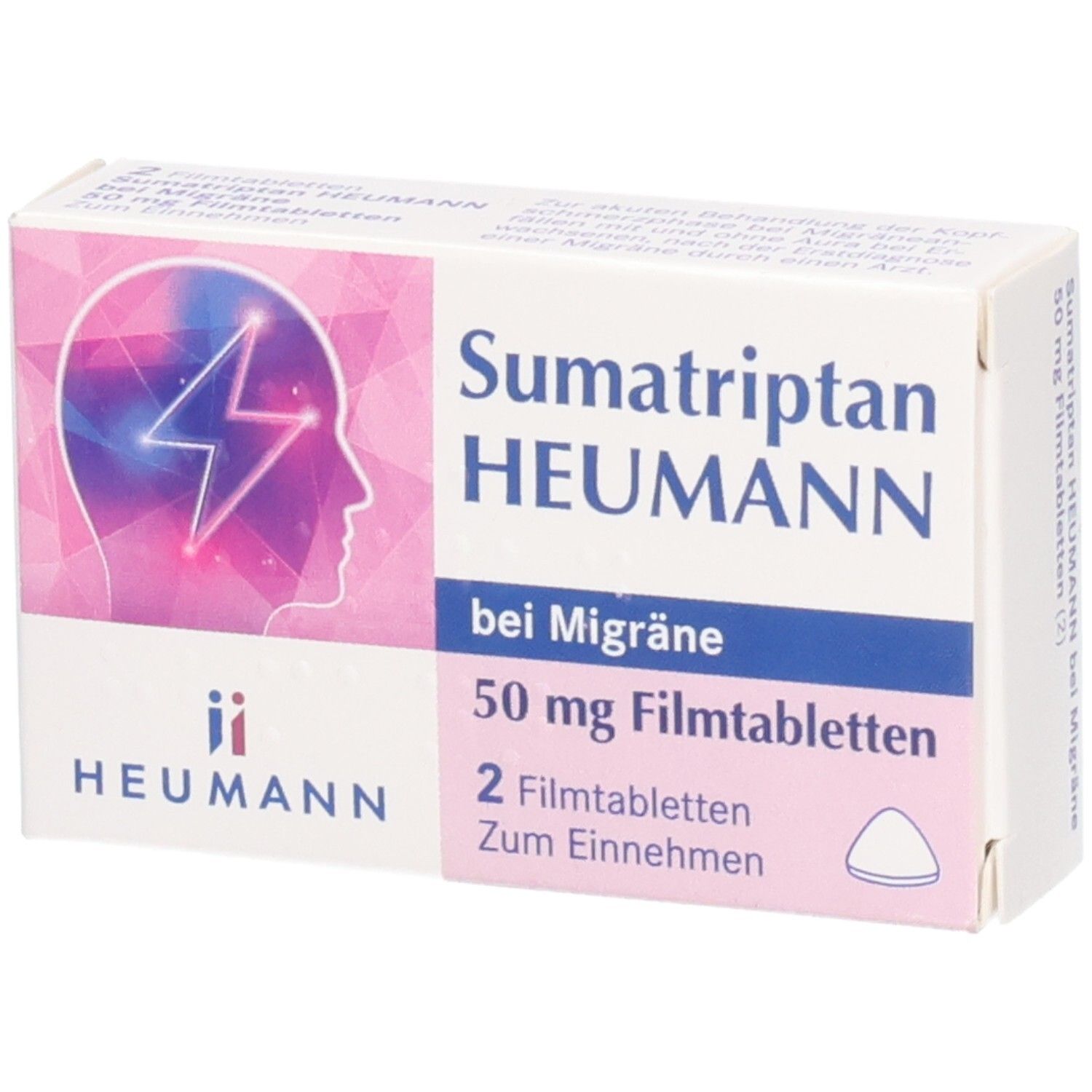 Schachtel mit Sumatriptan Heumann 50 mg Filmtabletten. Aufdruck: Kopf mit Blitz, Schriftzug, 2 Filmtabletten.
