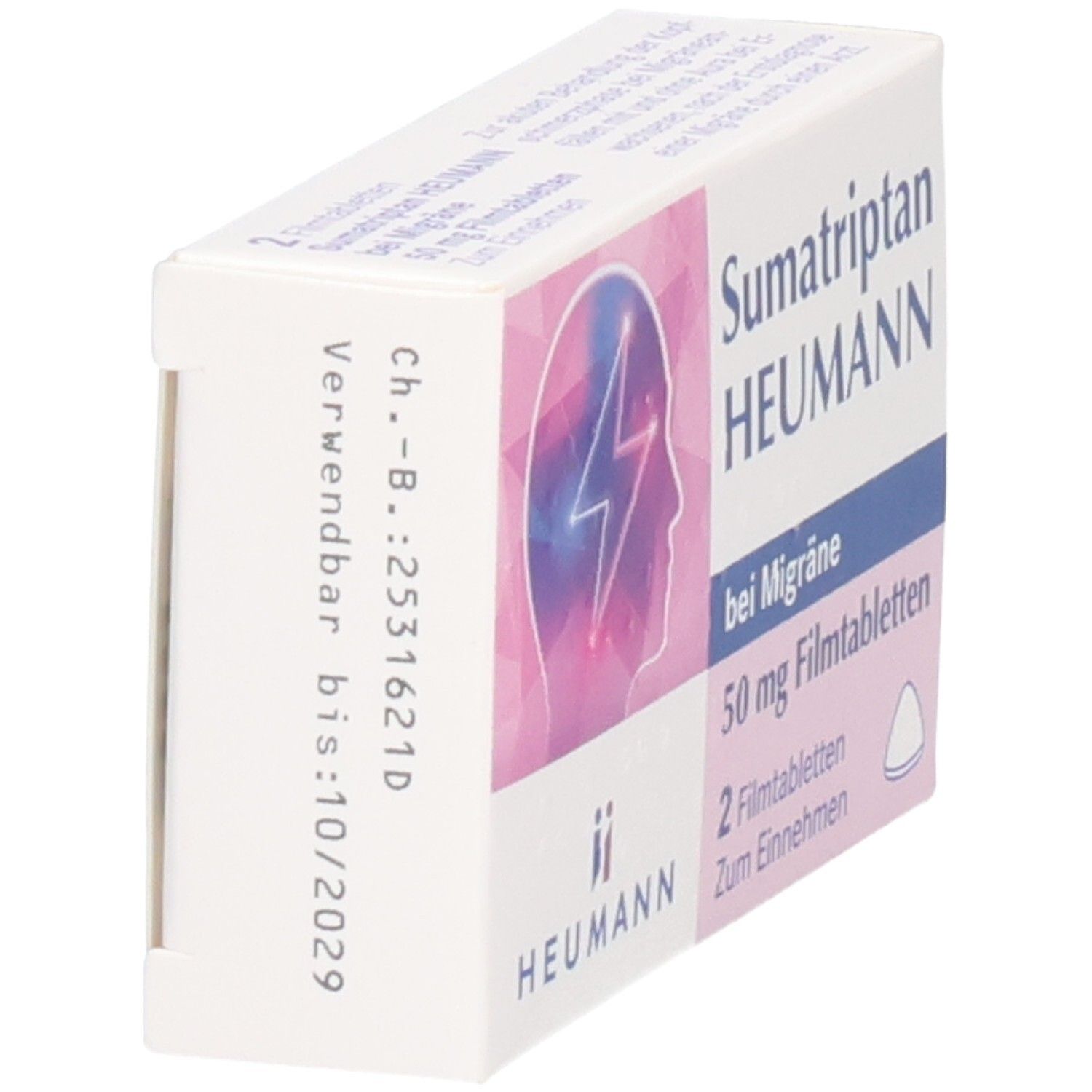 Schachtel Sumatriptan Heumann 50 mg Filmtabletten. Seitenansicht mit Text und Haltbarkeitsdatum bis 10/2029.