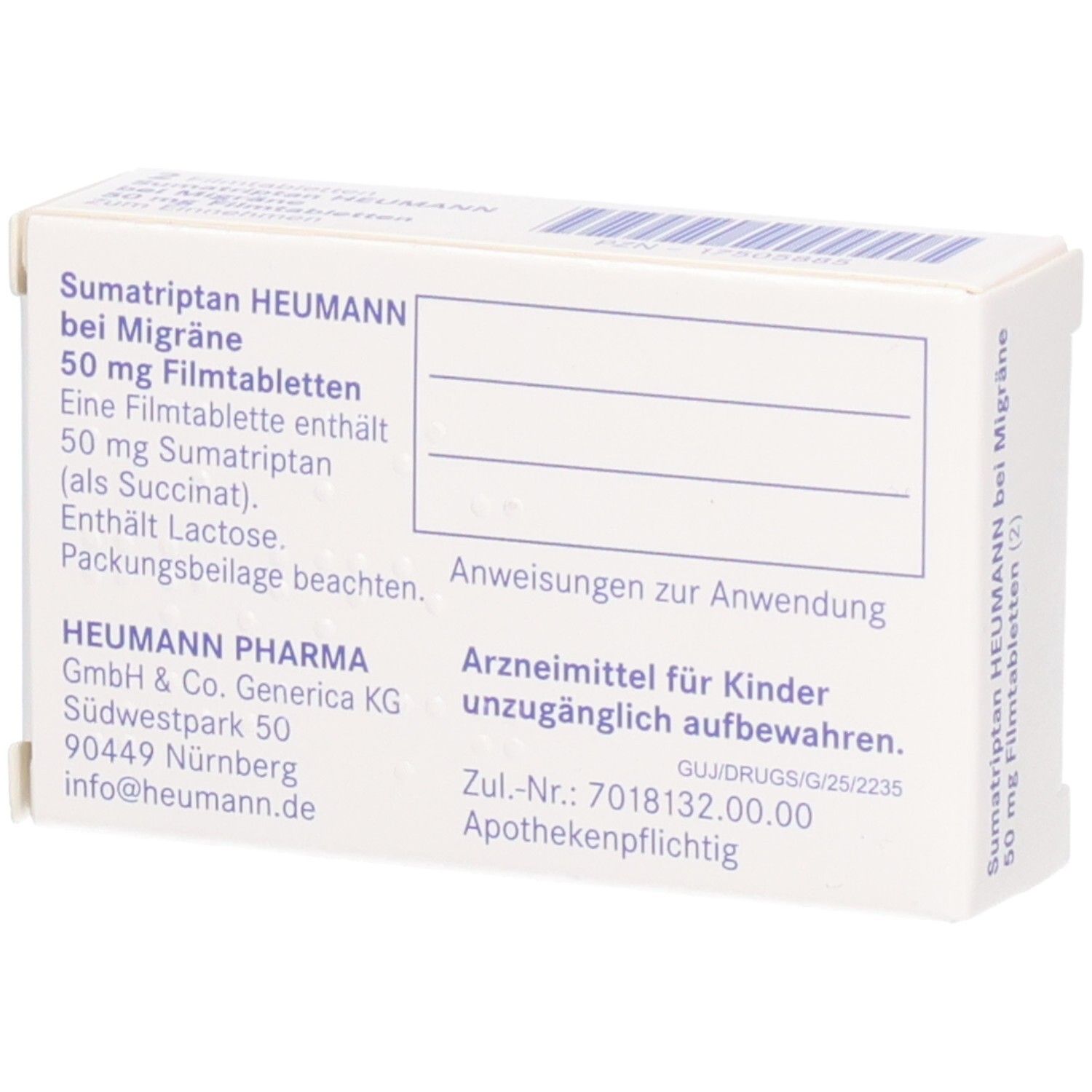 Rückseite der Schachtel Sumatriptan Heumann 50 mg Filmtabletten. Text: Inhaltsstoffe, Anwendungshinweise, Hersteller.