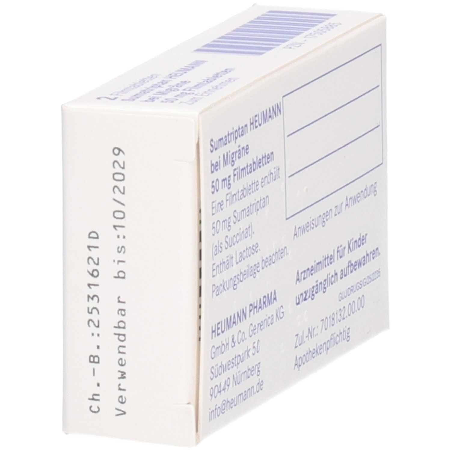 Schachtel Sumatriptan Heumann 50 mg Filmtabletten. Seitenansicht mit Text und Haltbarkeitsdatum bis 10/2029.
