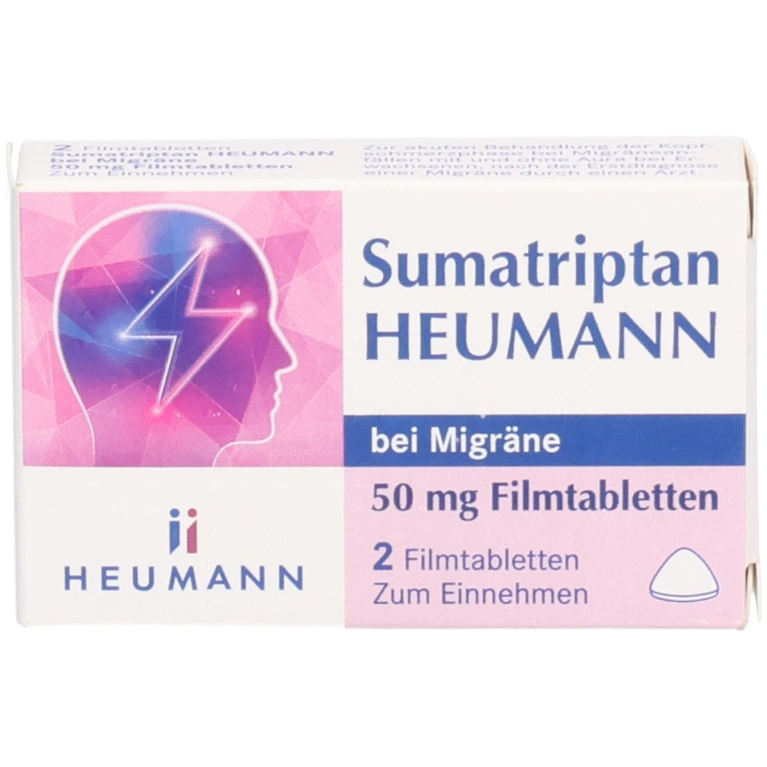 Schachtel mit Sumatriptan Heumann 50 mg Filmtabletten. Aufdruck: Kopf mit Blitz, Schriftzug, 2 Filmtabletten.