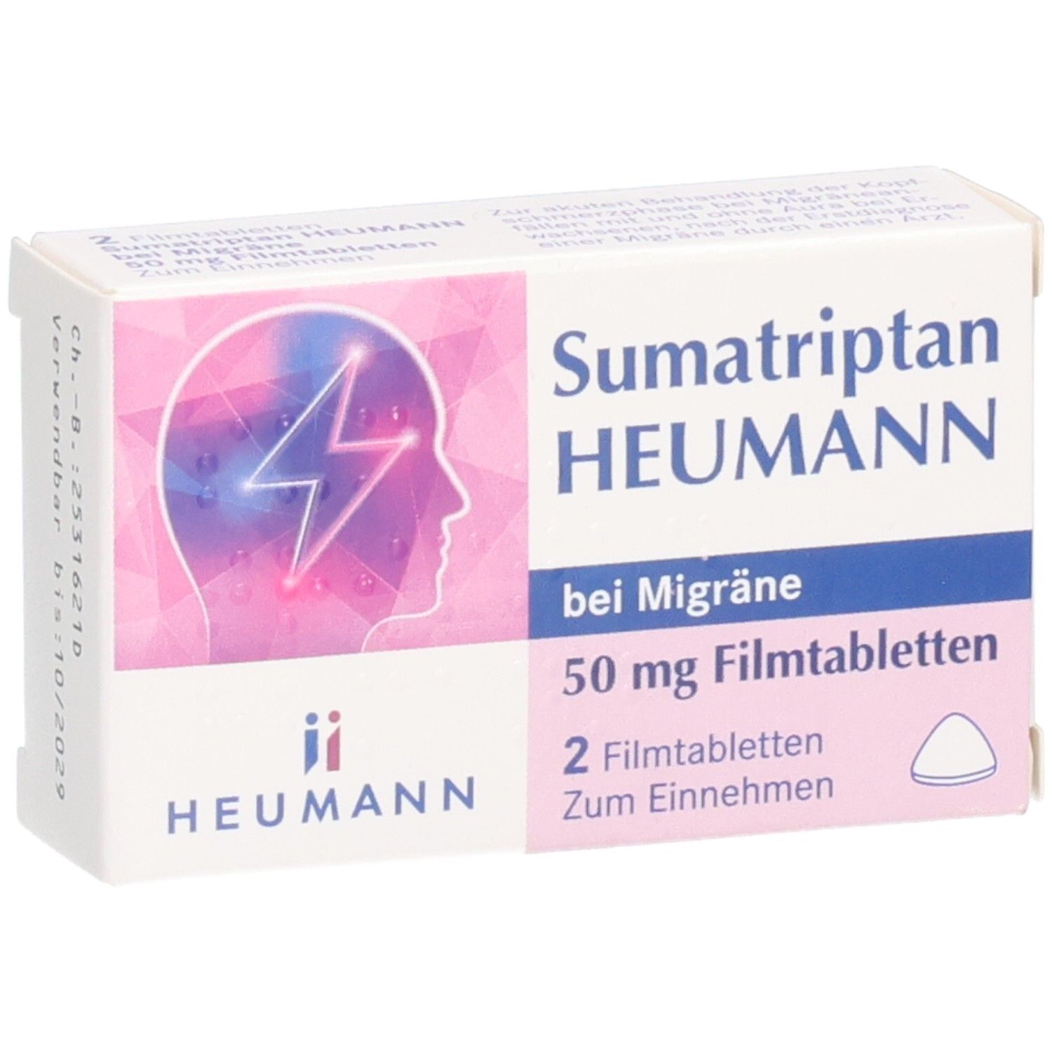 Schachtel mit Sumatriptan Heumann 50 mg Filmtabletten. Aufdruck: Kopf mit Blitz, Schriftzug, 2 Filmtabletten.
