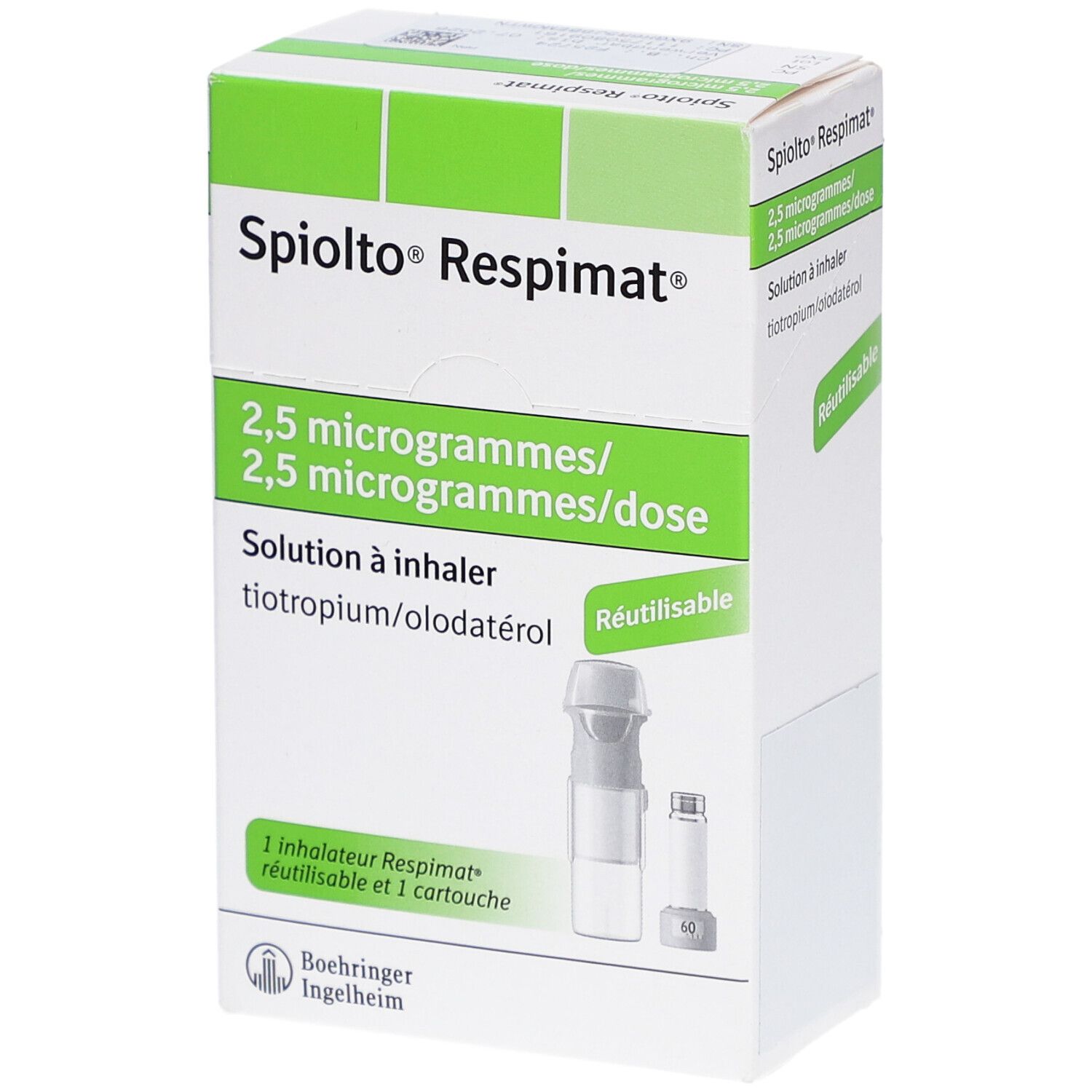 Schachtel mit SPIOLTO Respimat. Enthält Inhalator und Kartusche. Beschriftung: 2,5 Mikrogramm/Dosis. Wiederverwendbar.