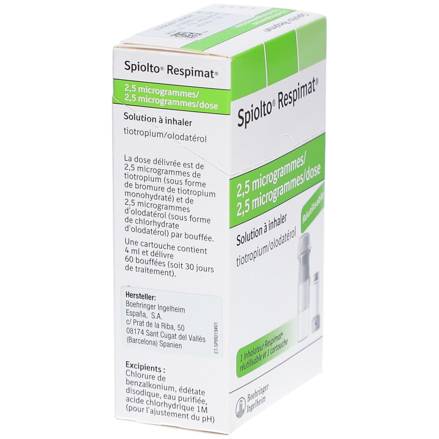 Schachtel von SPIOLTO Respimat. Beschriftung: 2,5 Mikrogramm/Dosis. Lösung zur Inhalation. Enthält Inhalator und Kartusche.