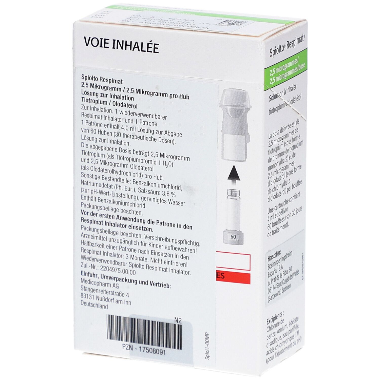 Rückseite der SPIOLTO Respimat-Schachtel. Enthält Informationen zur Anwendung und Inhaltsstoffe. Wiederverwendbarer Inhalator.
