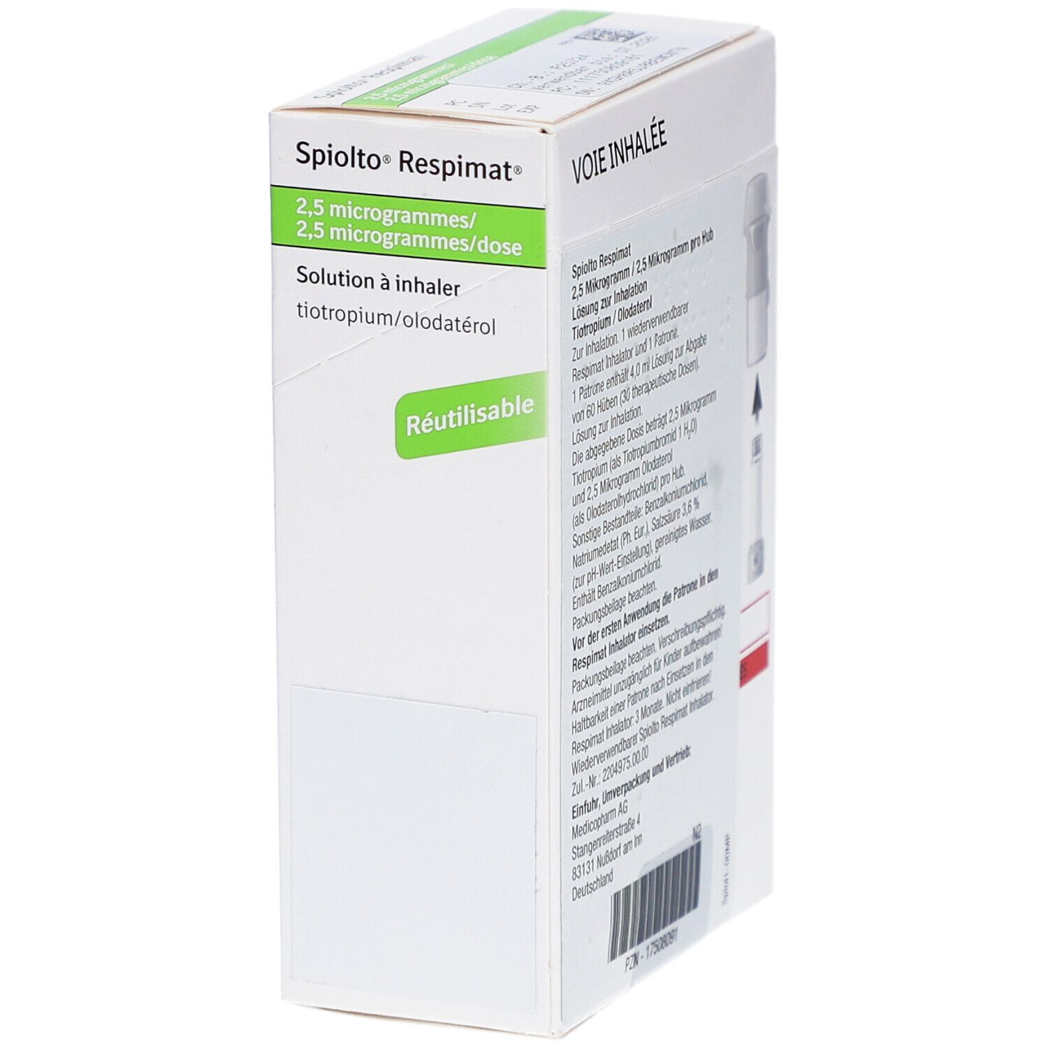 Seitenansicht der SPIOLTO Respimat-Schachtel. Beschriftung: 2,5 Mikrogramm/Dosis. Wiederverwendbar. Lösung zur Inhalation.