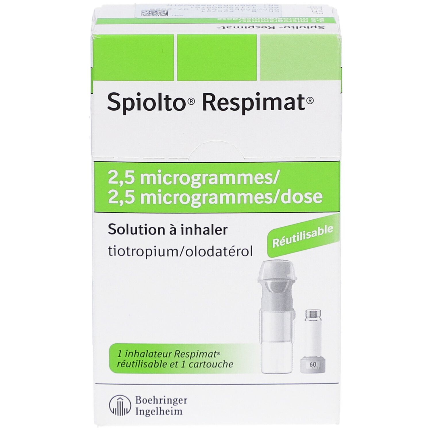 Vorderansicht der SPIOLTO Respimat-Schachtel. Beschriftung: 2,5 Mikrogramm/Dosis. Enthält Inhalator und Kartusche. Wiederverwendbar.
