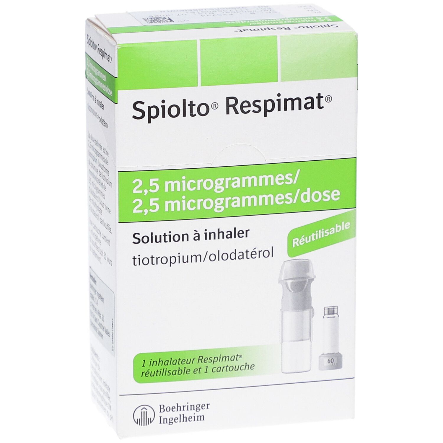 Vorderansicht der SPIOLTO Respimat-Schachtel. Beschriftung: 2,5 Mikrogramm/Dosis. Enthält Inhalator und Kartusche. Wiederverwendbar.