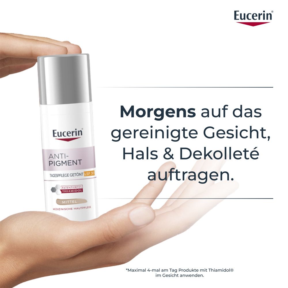Eucerin® Anti-Pigment Tagescreme mit Thiamidol®, schnell einziehende, getönte Antipigmentcreme mit LSF 30, mittel