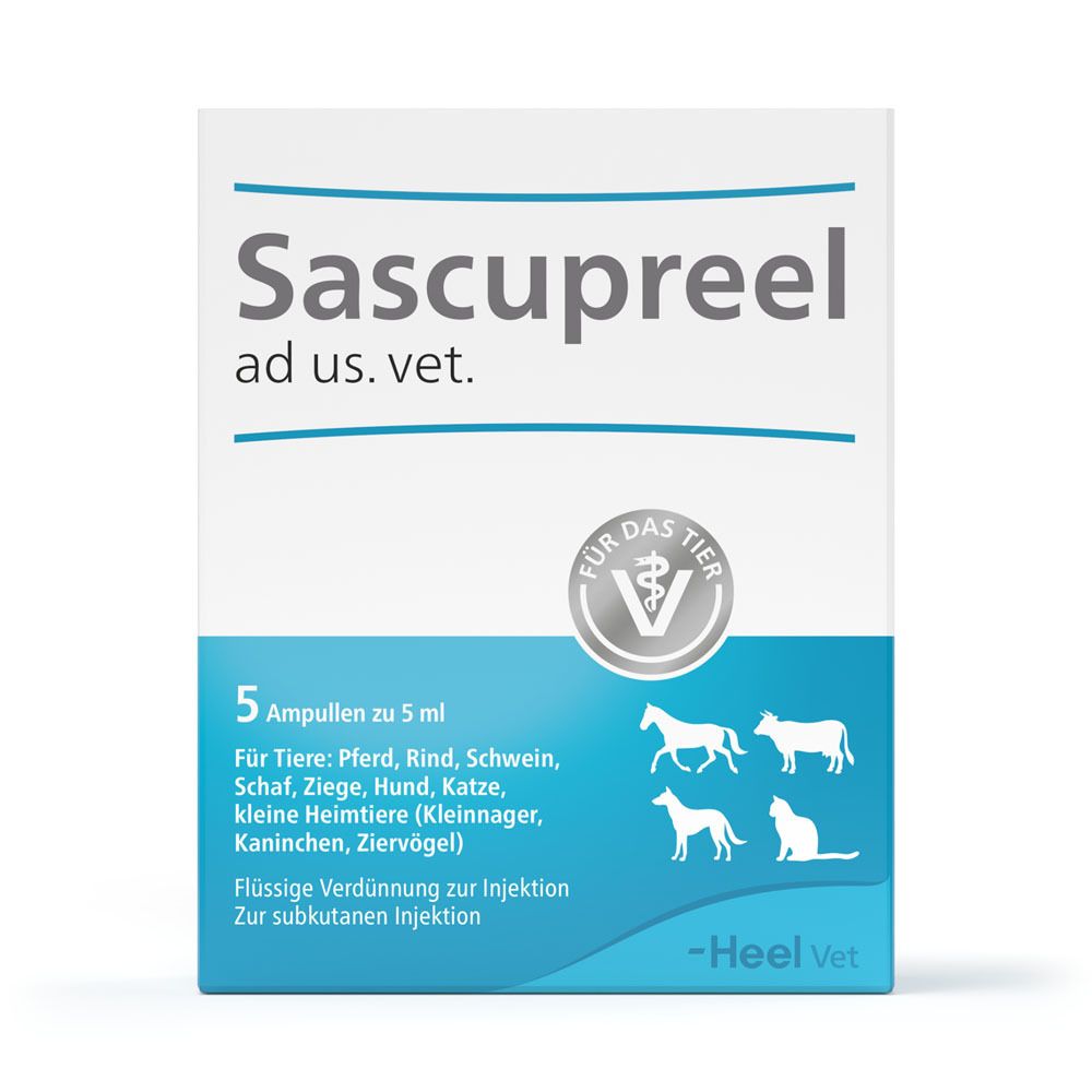 Verpackung von Sascupreel ad us. vet. Ampullen. 5 Ampullen, blaue Schrift, Tierabbildungen. Heel Vet Logo.
