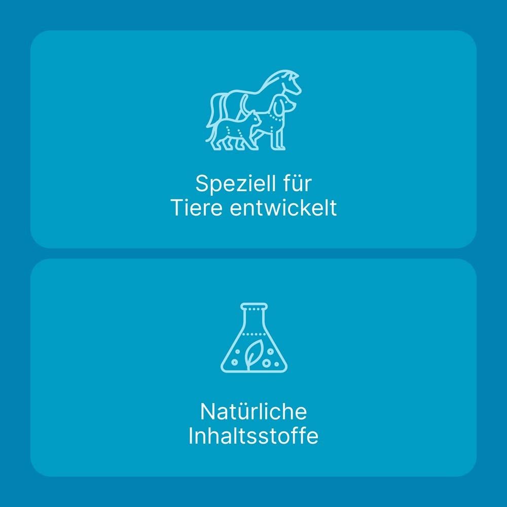 Zwei Symbole auf blauem Hintergrund. Oben: Tiere. Unten: Labor-Becherglas mit Blättern. Text: Speziell für Tiere entwickelt.