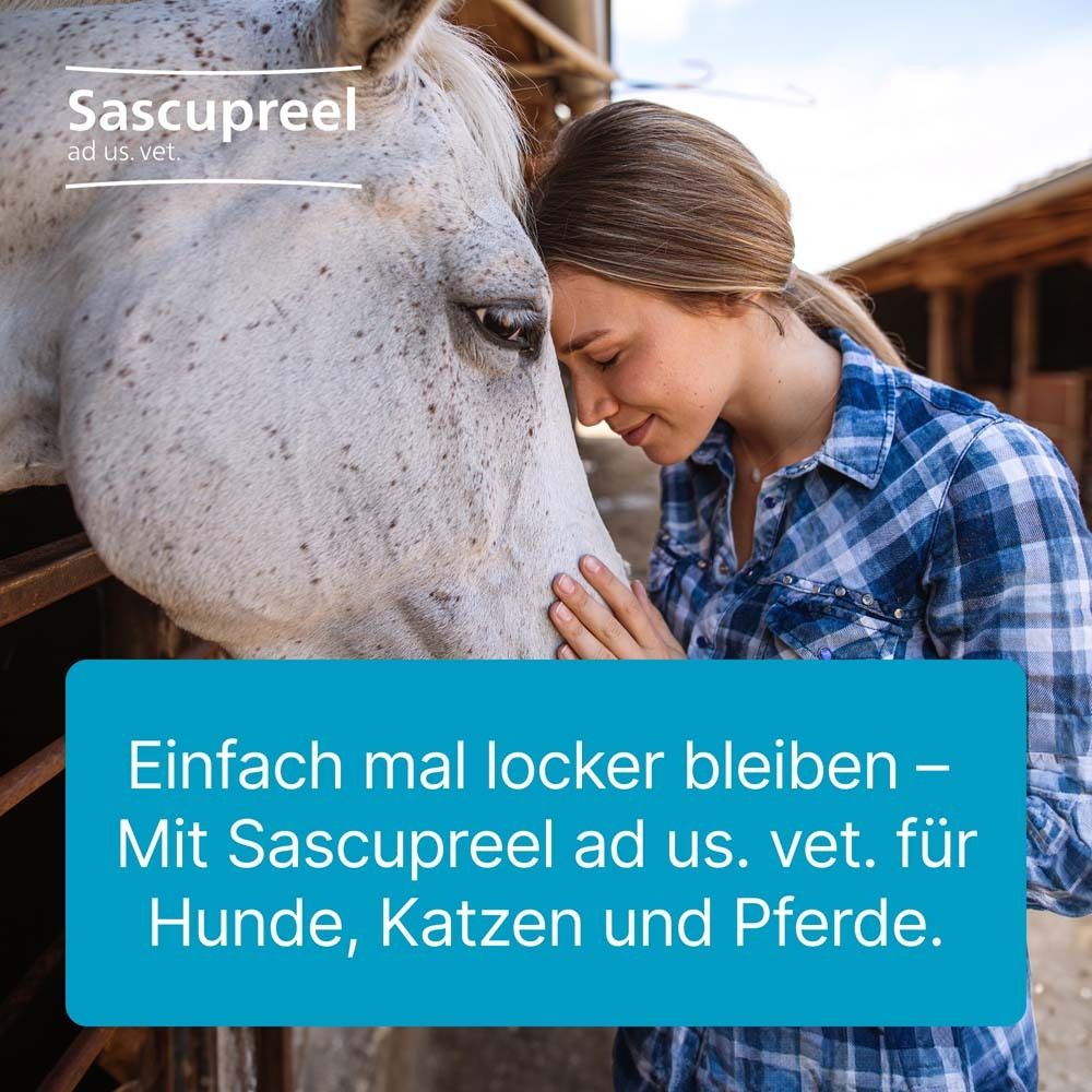 Frau und Pferd. Text: "Einfach mal locker bleiben – Mit Sascupreel ad us. vet. für Hunde, Katzen und Pferde."