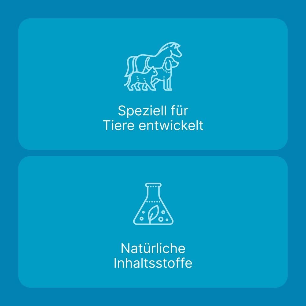 Zwei Icons: Tierarten und natürliche Inhaltsstoffe. Text: "Speziell für Tiere entwickelt" und "Natürliche Inhaltsstoffe".