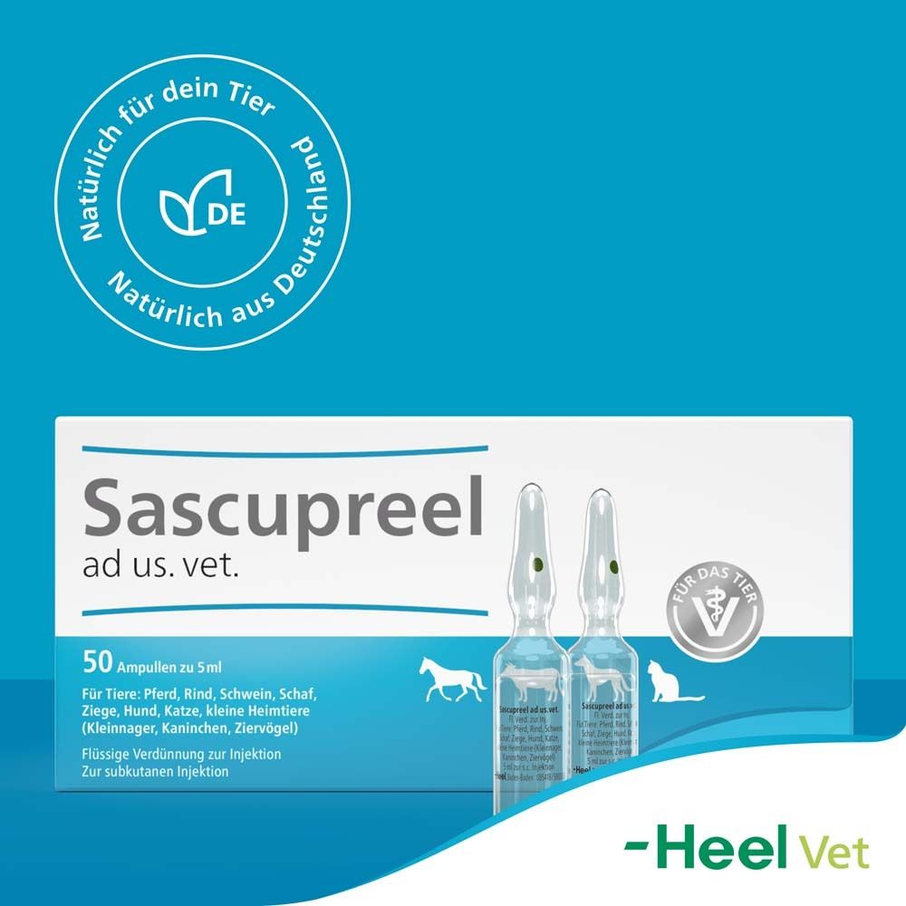 Packung Sascupreel ad us. vet. mit zwei Ampullen. Logo "Für das Tier". Zertifizierung "Natürlich aus Deutschland".