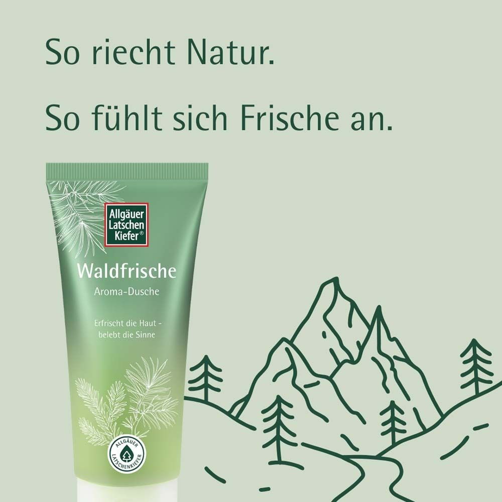 Tube "Waldfrische" mit Berglandschaft. Text: So riecht Natur. Marke: Allgäuer Latschenkiefer.