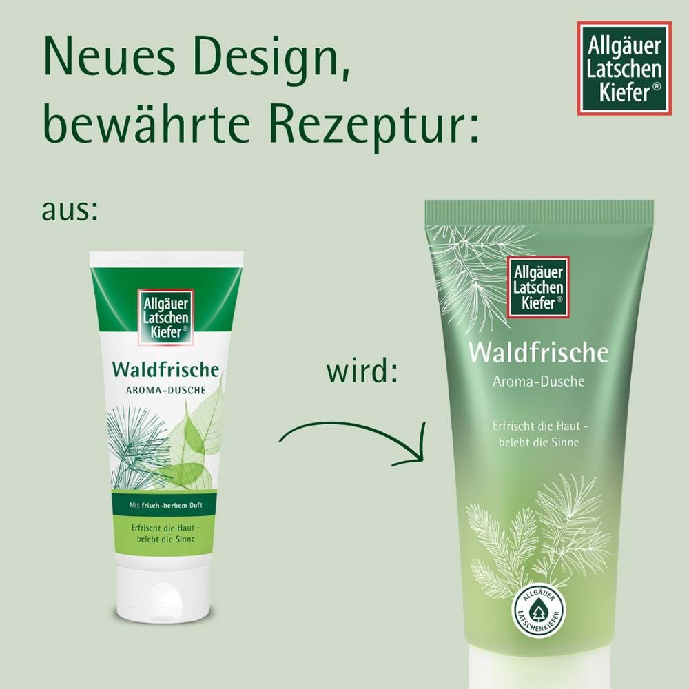 Vergleich: Altes und neues Design der Tube "Waldfrische". Marke: Allgäuer Latschenkiefer.