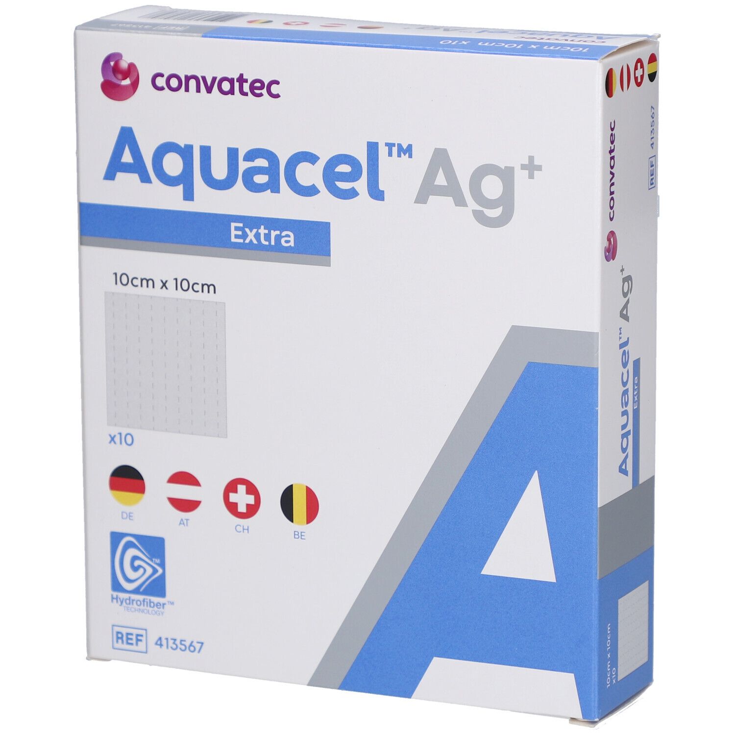 Verpackung von AQUACEL Ag Extra 10x10 cm Kompressen. Enthält 10 Stück. Mit Logo und Länderkennzeichnungen.