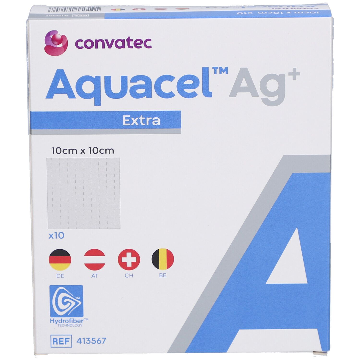 AQUACEL Ag Extra Verpackung. Produktname, Größe 10x10 cm, und Logo sichtbar. Enthält 10 Kompressen.