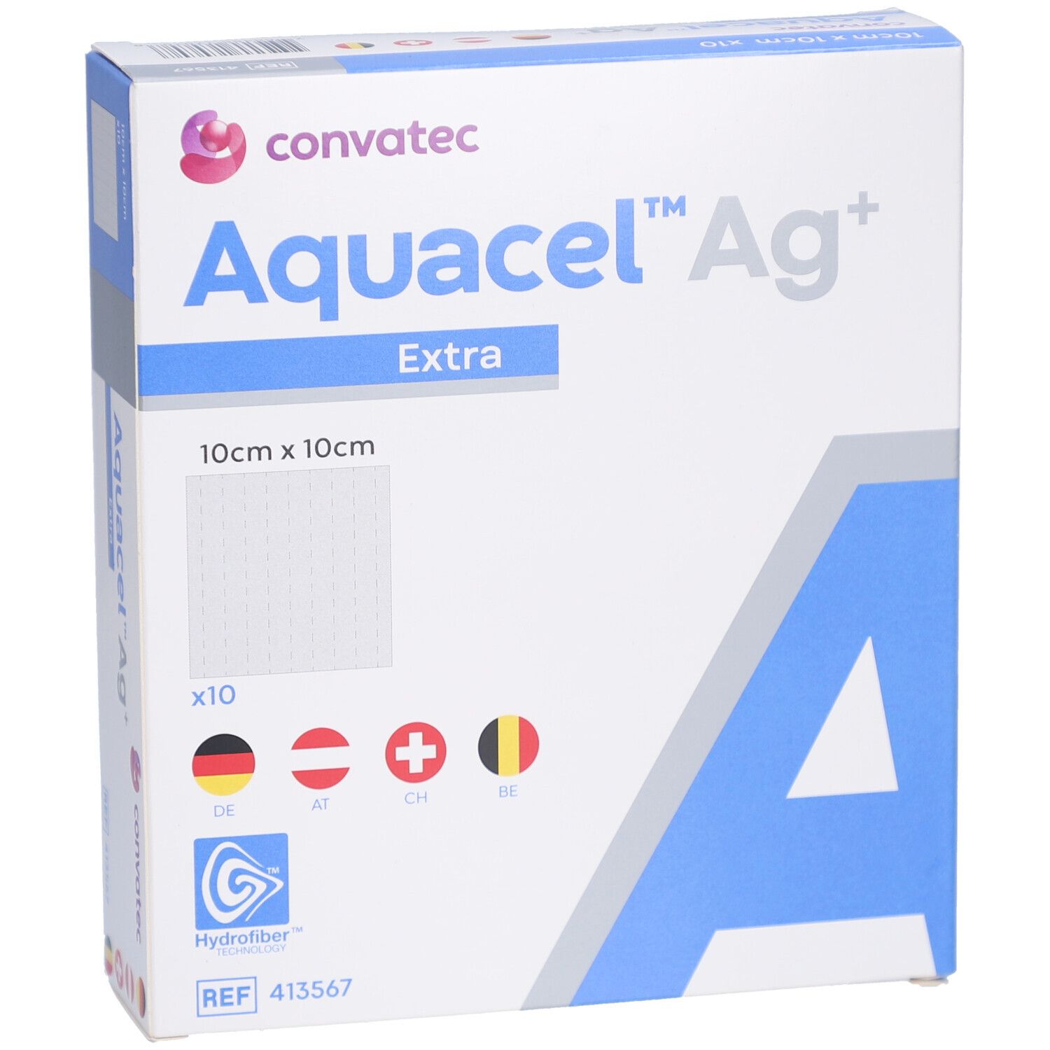 AQUACEL Ag Extra Verpackung. Produktname, Größe 10x10 cm, und Logo sichtbar. Enthält 10 Kompressen.