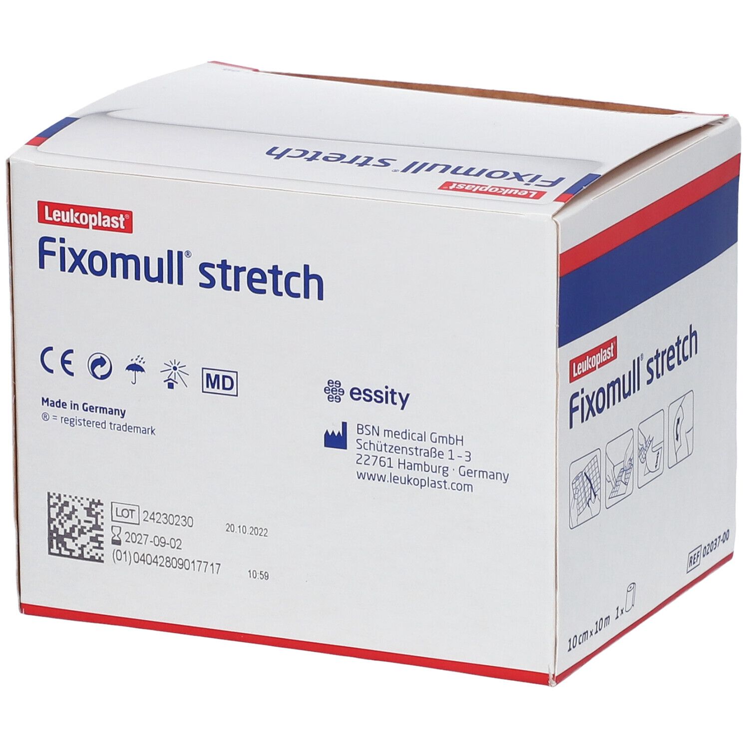 Karton von Fixomull stretch. CE-Kennzeichnung. Aufschrift: 10 cm x 10 m. Marke: Leukoplast. Hergestellt in Deutschland.