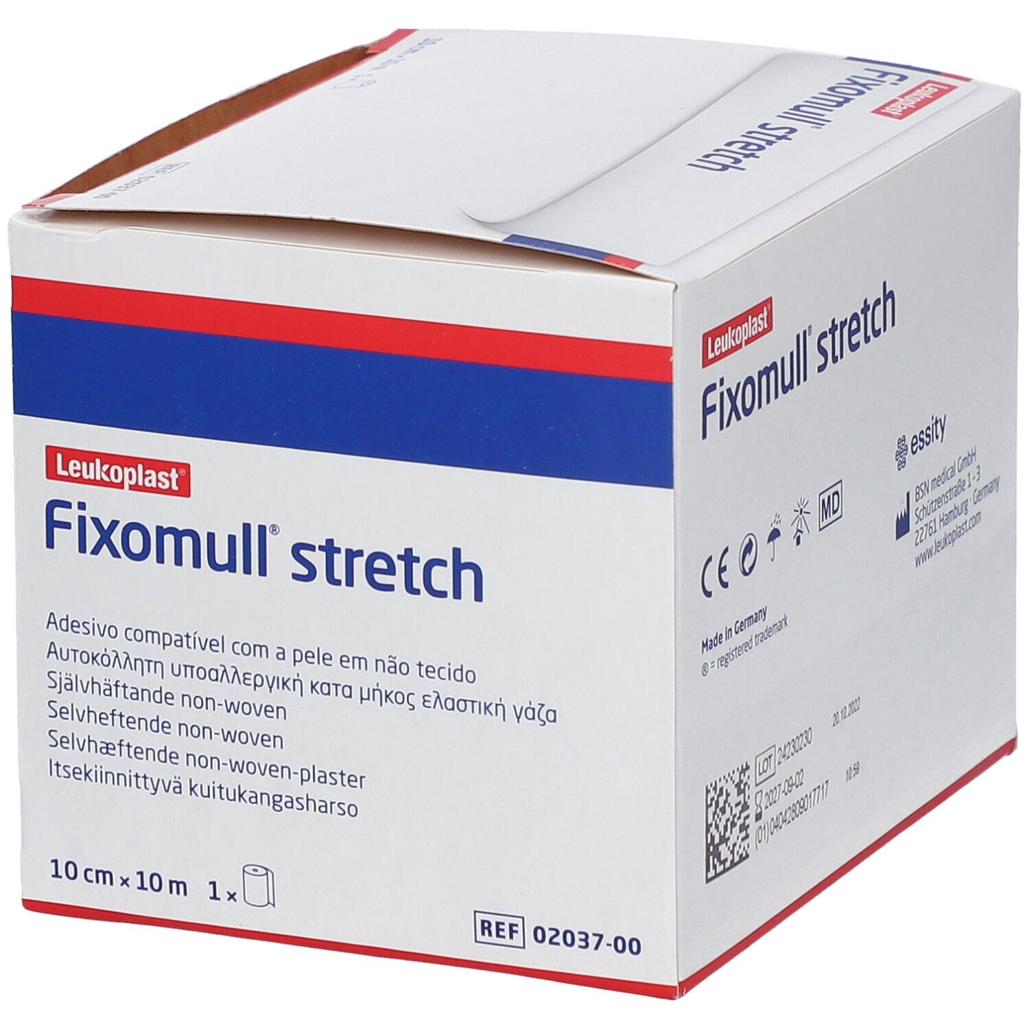 Karton von Fixomull stretch. Aufschrift: 10 cm x 10 m. Marke: Leukoplast. Adhesivo compatível com a pele em tecido.