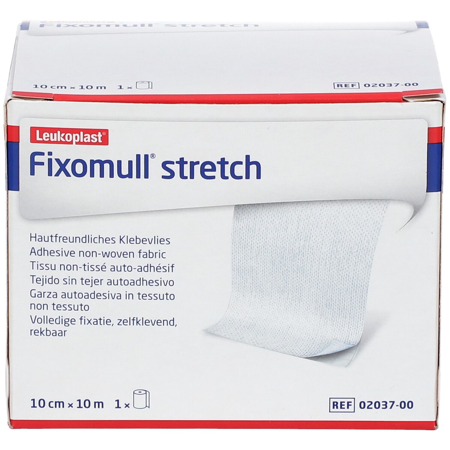 Karton von Fixomull stretch. Weißes Klebevlies ist sichtbar. Aufschrift: 10 cm x 10 m. Marke: Leukoplast.