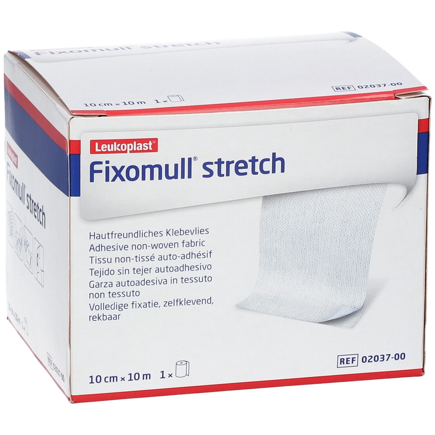 Karton von Fixomull stretch. Weißes Klebevlies ist sichtbar. Aufschrift: 10 cm x 10 m. Marke: Leukoplast.