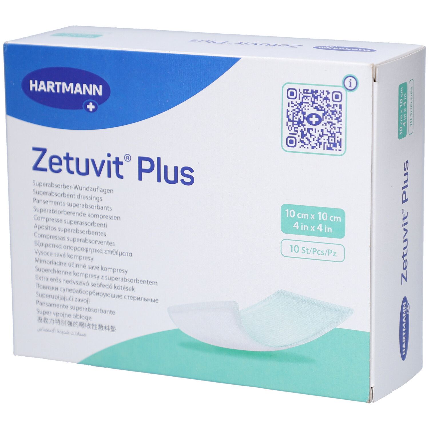 Verpackung von ZETUVIT Plus Wundauflagen. 10x10 cm, 10 Stück. Hartmann Logo. QR-Code.