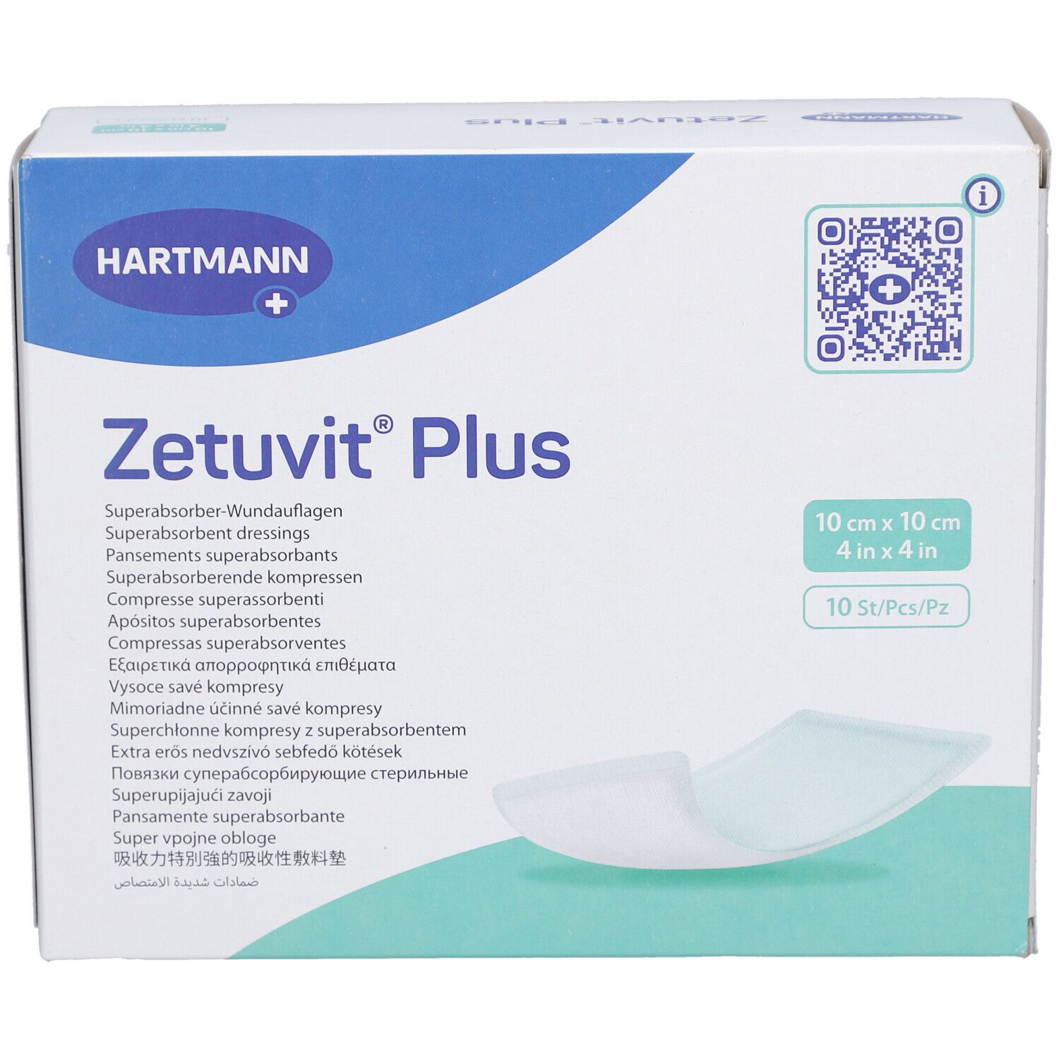 ZETUVIT Plus Verpackung. 10x10 cm, 10 Stück. Hartmann Logo. Produktbezeichnung und Beschreibung.