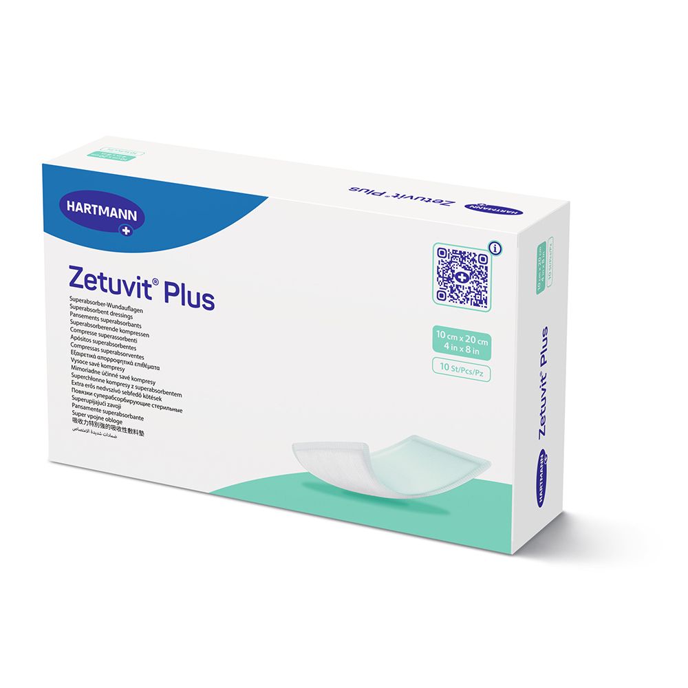Verpackung Zetuvit Plus Superabsorber-Wundauflagen, steril, 10 x 20 cm, 10 Stück.