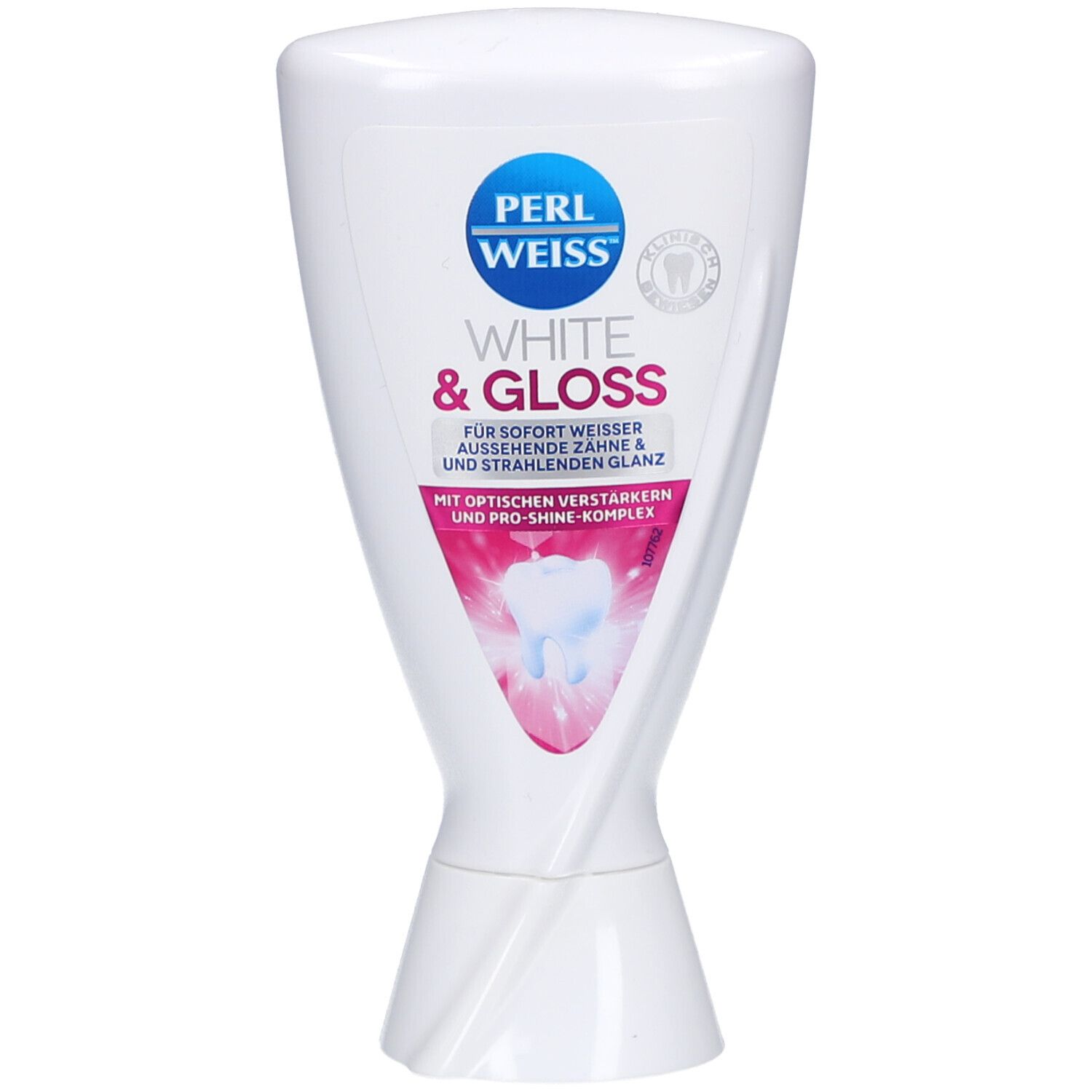 Weiße Zahnpasta-Tube. Aufschrift: PERLWEISS, WHITE & GLOSS. Rosa-weiße Grafik mit Zahn. Zertifizierungslogo.