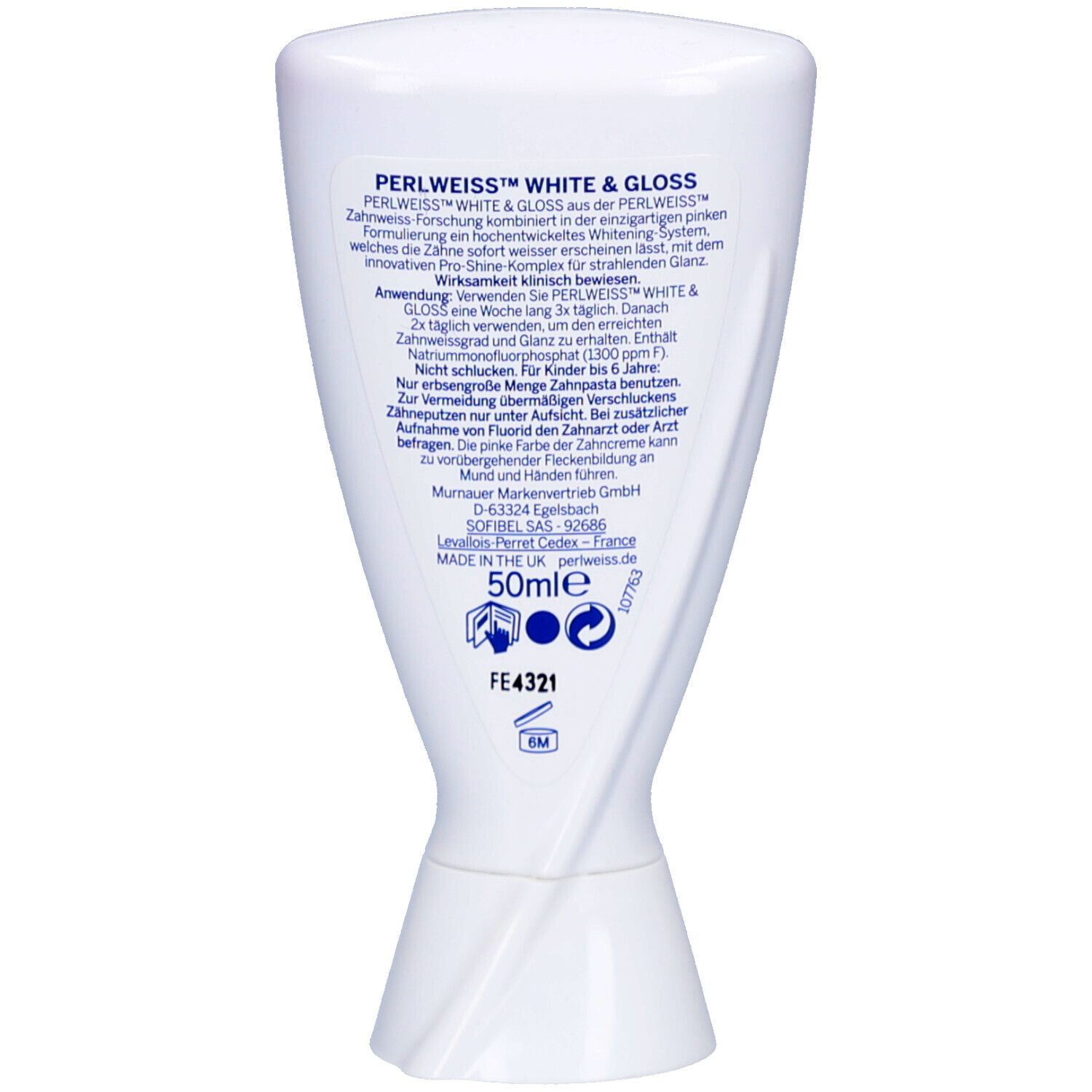 Rückseite der weißen Zahnpasta-Tube. Text: PERLWEISS WHITE & GLOSS. Angaben zu Inhaltsstoffen und Hersteller. 50ml.