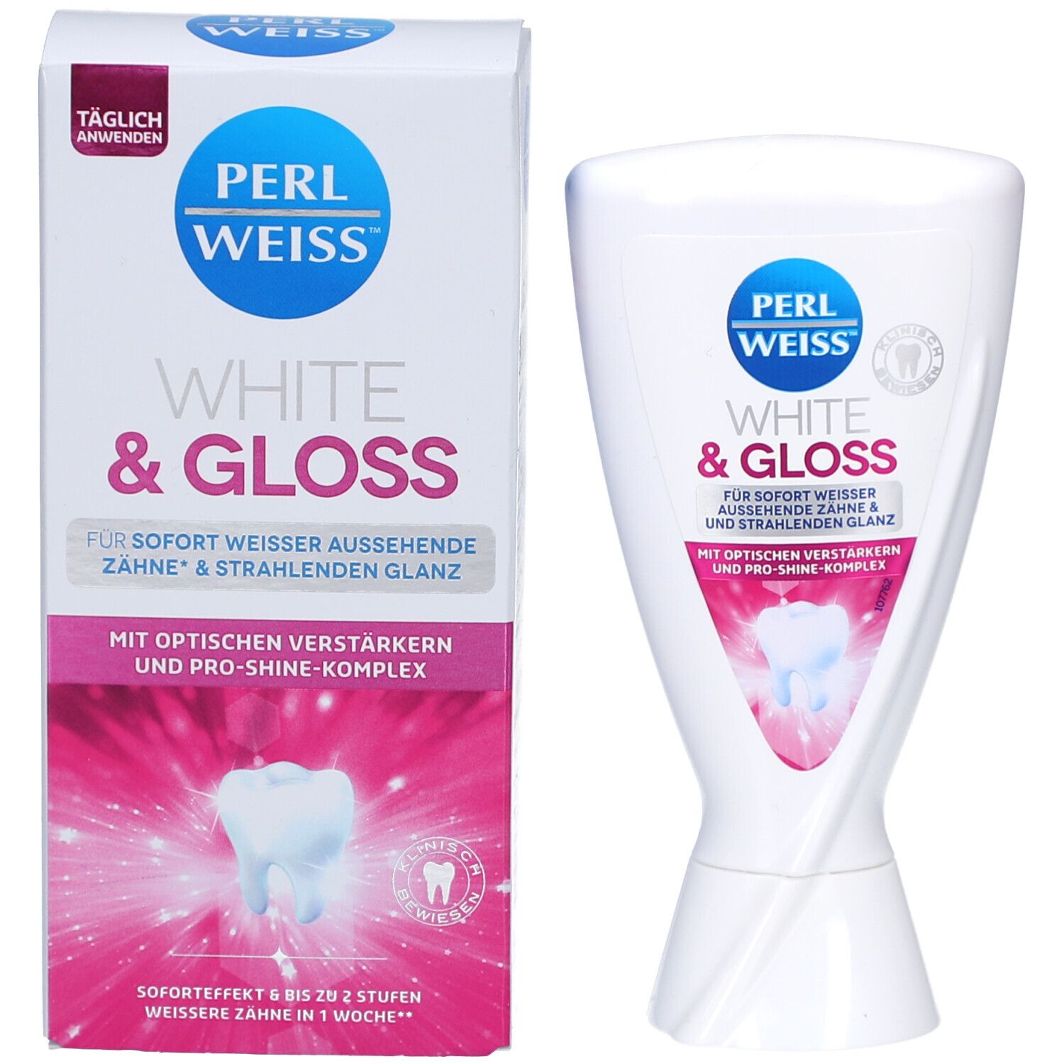 Zahnpasta-Tube und Schachtel. Aufschrift: PERLWEISS, WHITE & GLOSS. Rosa-weiße Grafik mit Zahn. Zertifizierungslogo.