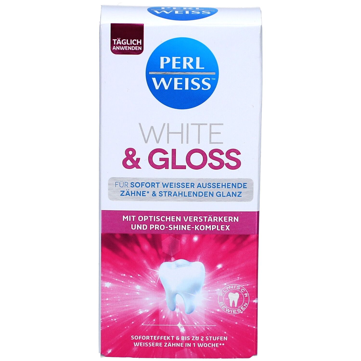 Weiße Schachtel. Aufschrift: PERLWEISS, WHITE & GLOSS. Rosa-weiße Grafik mit Zahn. Zertifizierungslogo. Anwendungshinweis.